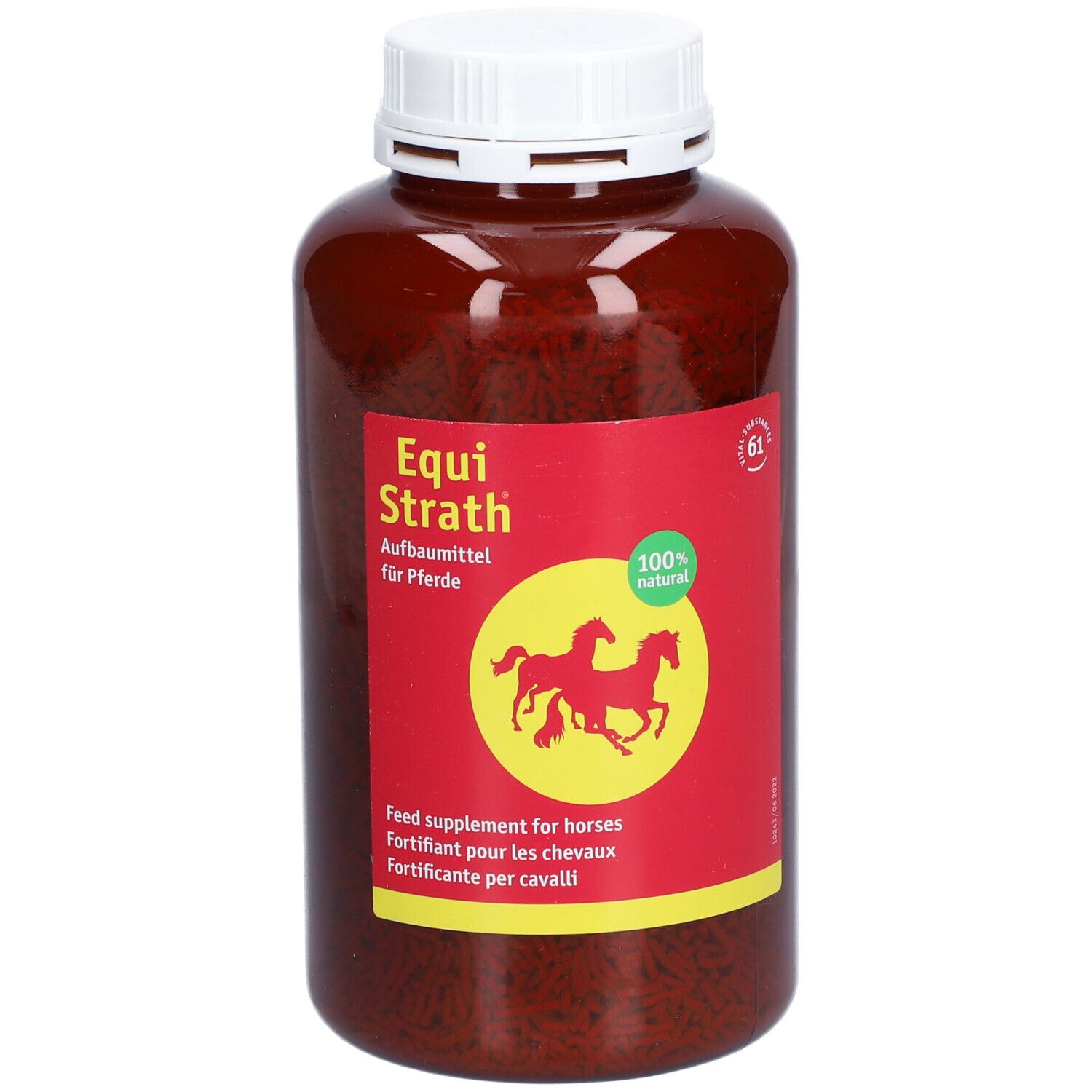 Flacon brun en plastique avec bouchon blanc. Étiquette rouge avec nom du produit et silhouette de chevaux. Inscription : 100% naturel.
