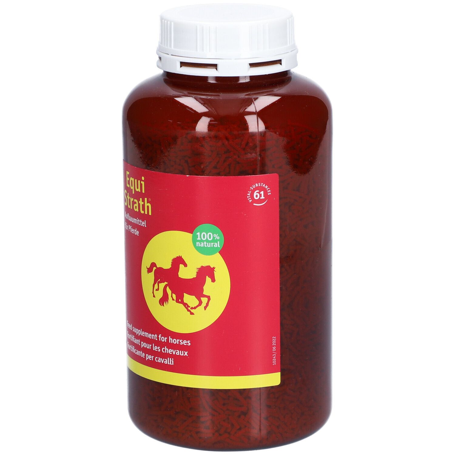 Flacon brun en plastique avec bouchon blanc. Étiquette rouge avec nom du produit et silhouette de chevaux. Inscription : 100% naturel.