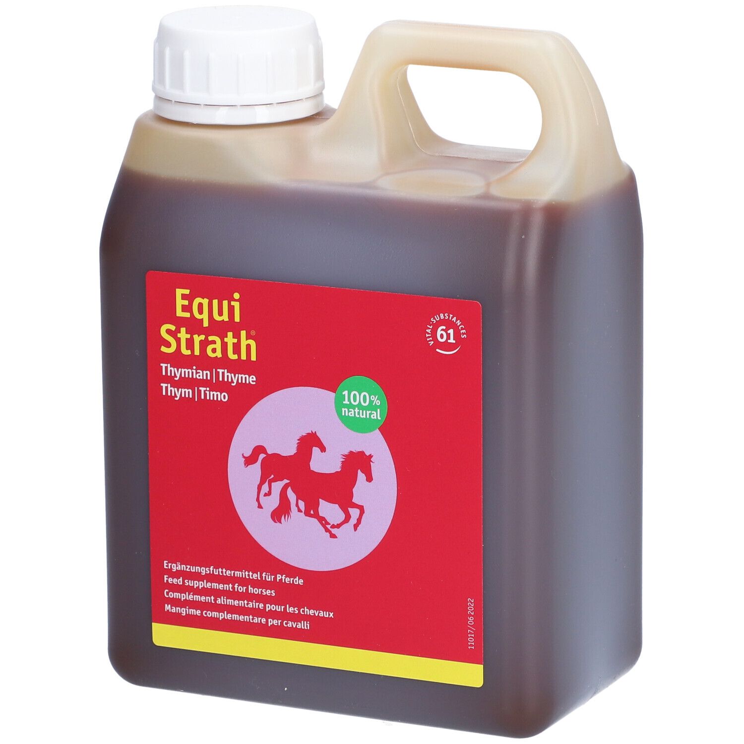 Bidon de liquide brun. Étiquette rouge avec nom du produit, chevaux et "100% naturel".