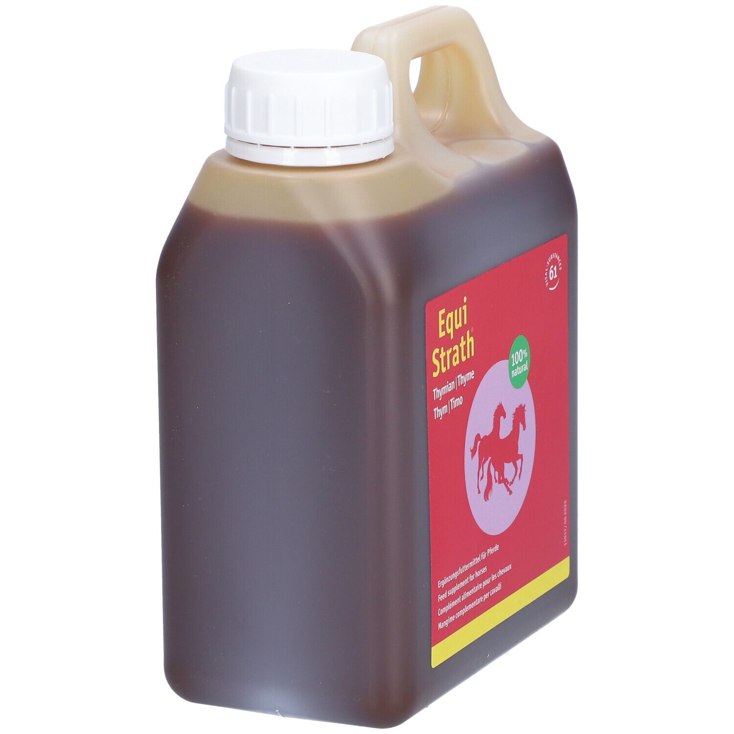Bidon de liquide brun. Étiquette rouge avec nom du produit, chevaux et "100% naturel".