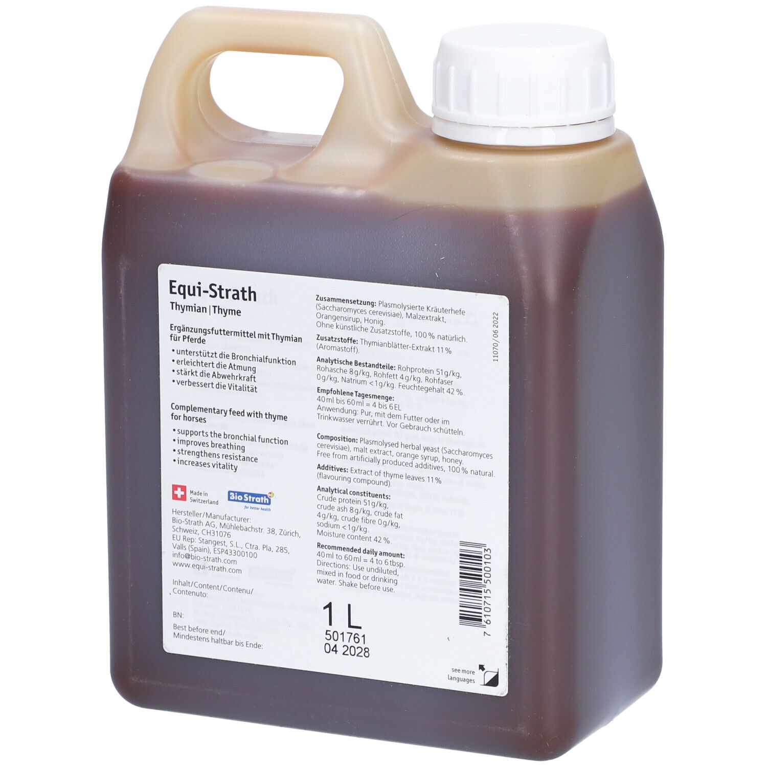 Bidon de liquide brun. Étiquette avec informations produit et code-barres.