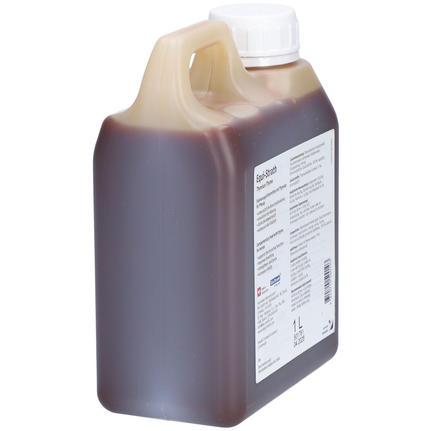 Bidon de liquide brun. Étiquette avec informations produit et code-barres.