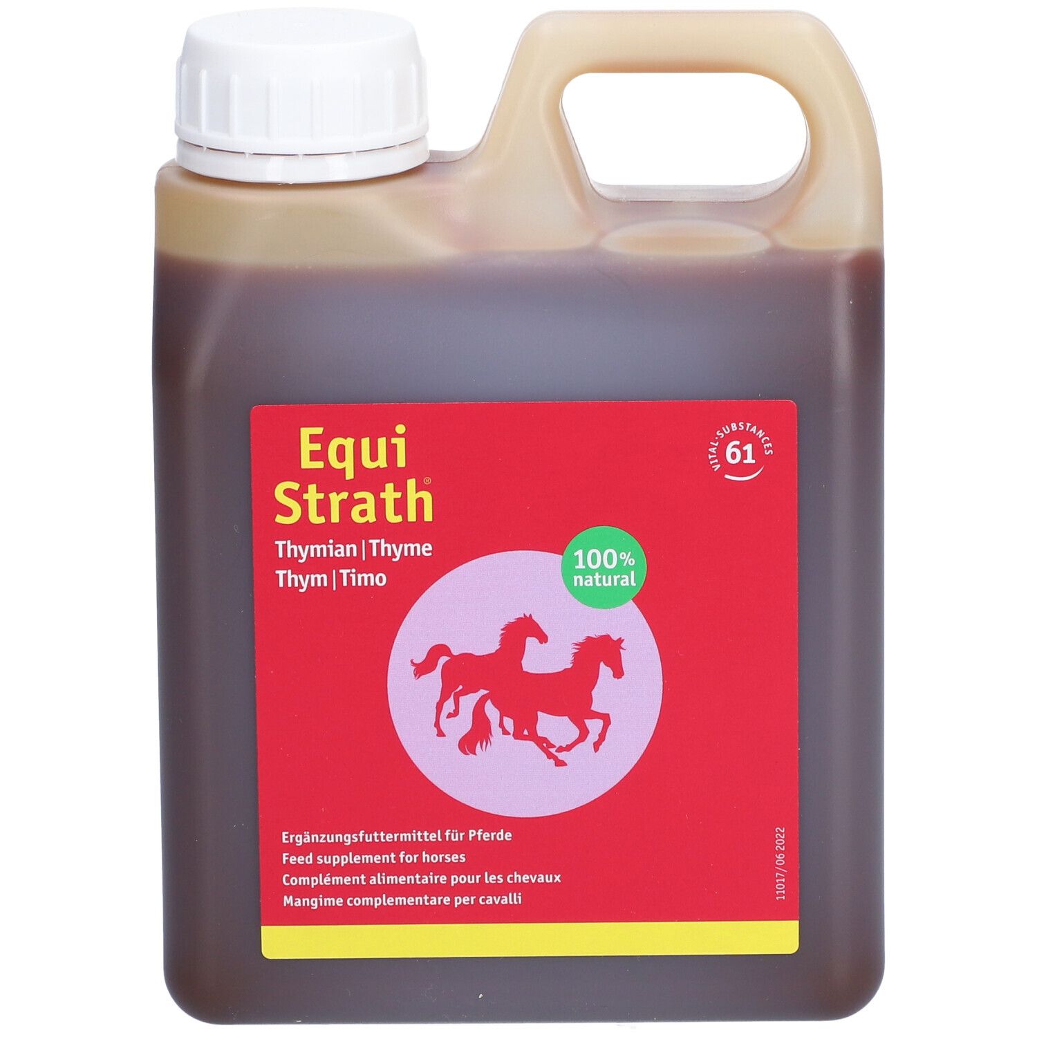 Bidon de liquide brun. Étiquette rouge avec nom du produit, chevaux et "100% naturel".