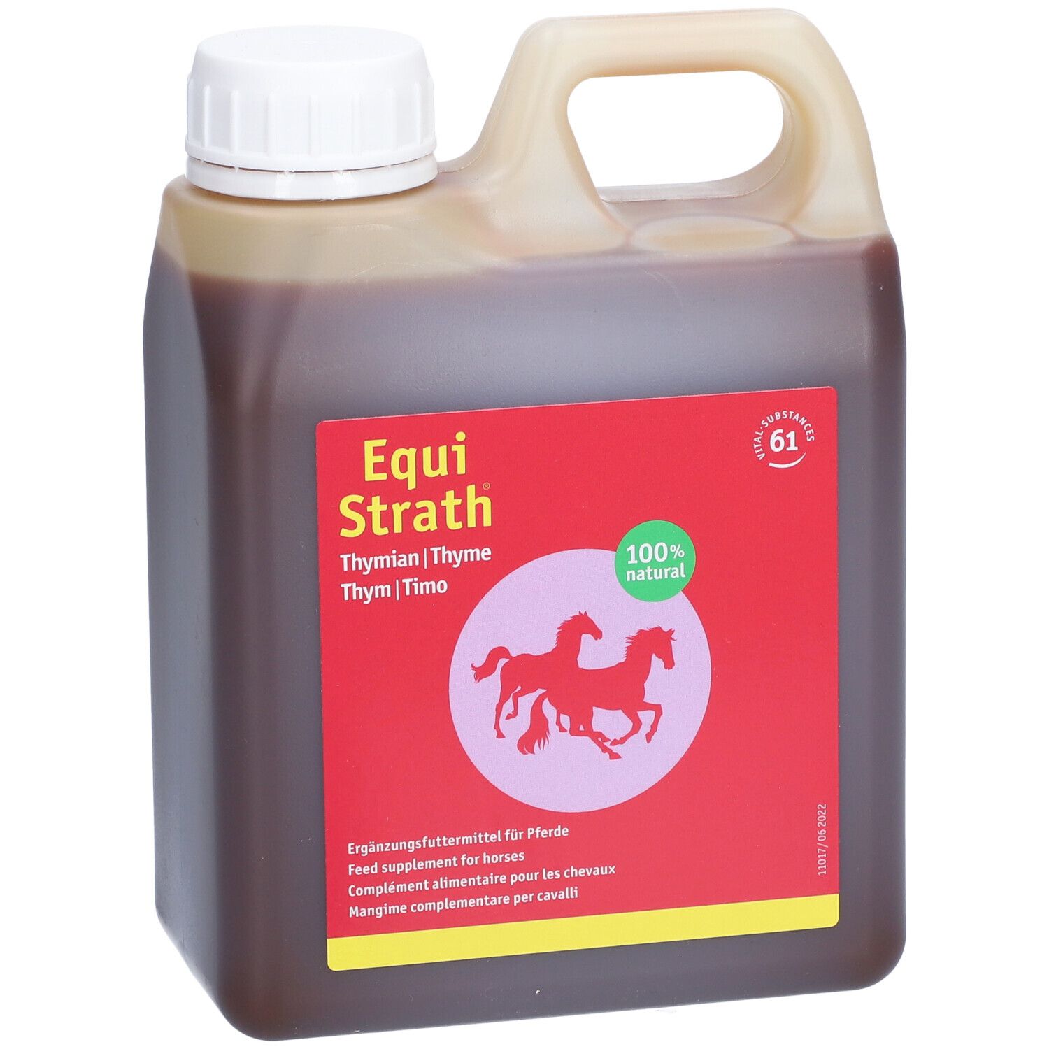 Bidon de liquide brun. Étiquette rouge avec nom du produit, chevaux et "100% naturel".