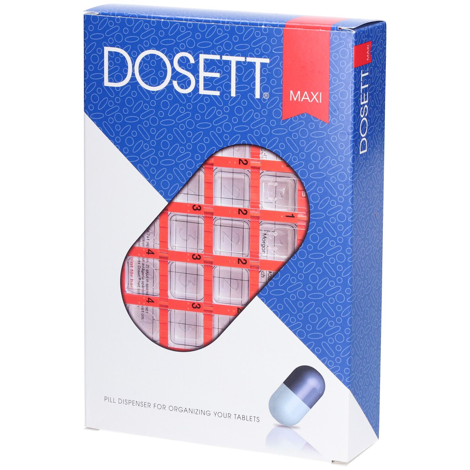 Verpakking van de DOSETT® Maxi pillendoos. Zichtbaar: pillendoos met 28 vakken. Blauw-witte doos met productnaam en pil-illustratie.