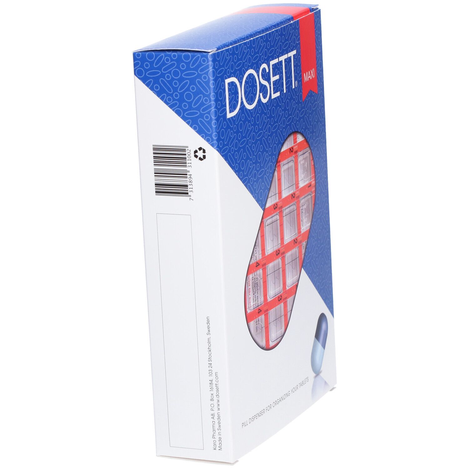 Zijaanzicht van de DOSETT® Maxi pillendoos verpakking. Blauw-witte doos met productnaam en barcode. Pil-illustratie.
