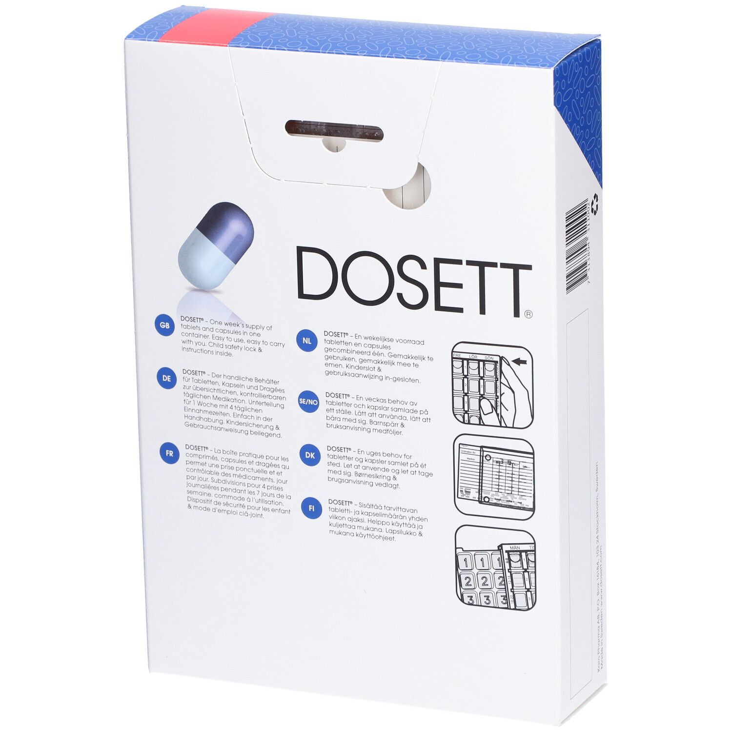 Achterkant van de DOSETT® Maxi pillendoos verpakking. Productnaam, illustraties van gebruik en tekst in meerdere talen.