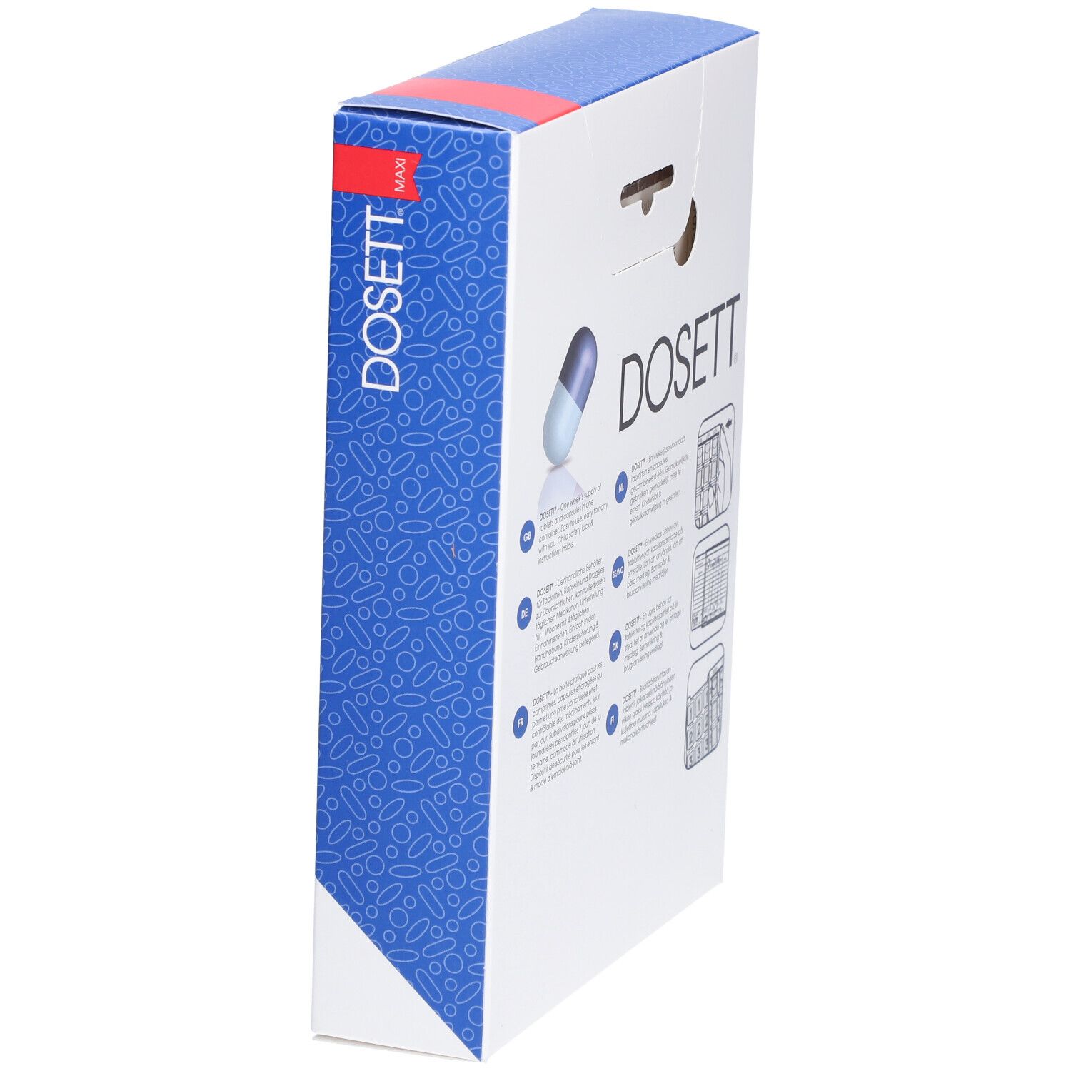 Schuine zijaanzicht van de DOSETT® Maxi pillendoos verpakking. Productnaam en pil-illustratie op blauw-witte doos.