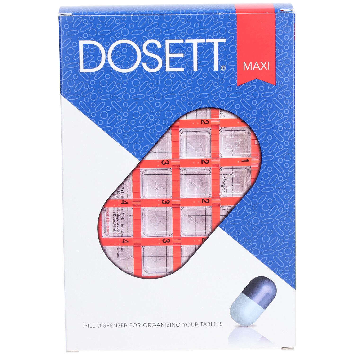 Verpakking van de DOSETT® Maxi pillendoos. Zichtbaar: pillendoos met 28 vakken. Blauw-witte doos met productnaam en pil-illustratie.