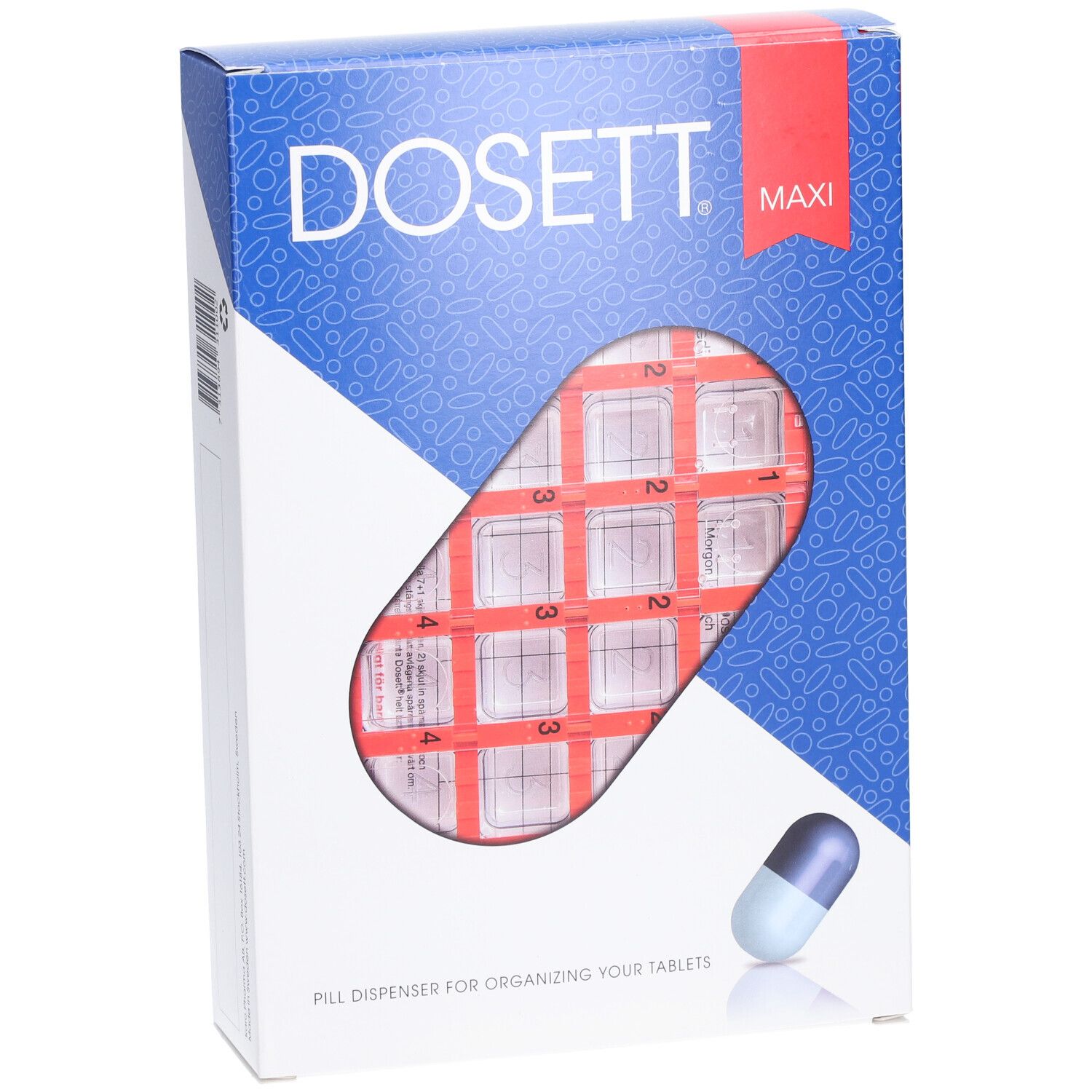 Verpakking van de DOSETT® Maxi pillendoos. Zichtbaar: pillendoos met 28 vakken. Blauw-witte doos met productnaam en pil-illustratie.