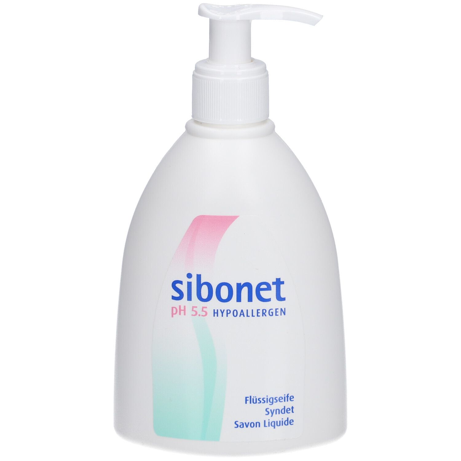 Witte fles met dispenser. Opschrift: sibonet, pH 5.5 hypoallergeen. Vloeibare zeep, Syndet, Savon Liquide.