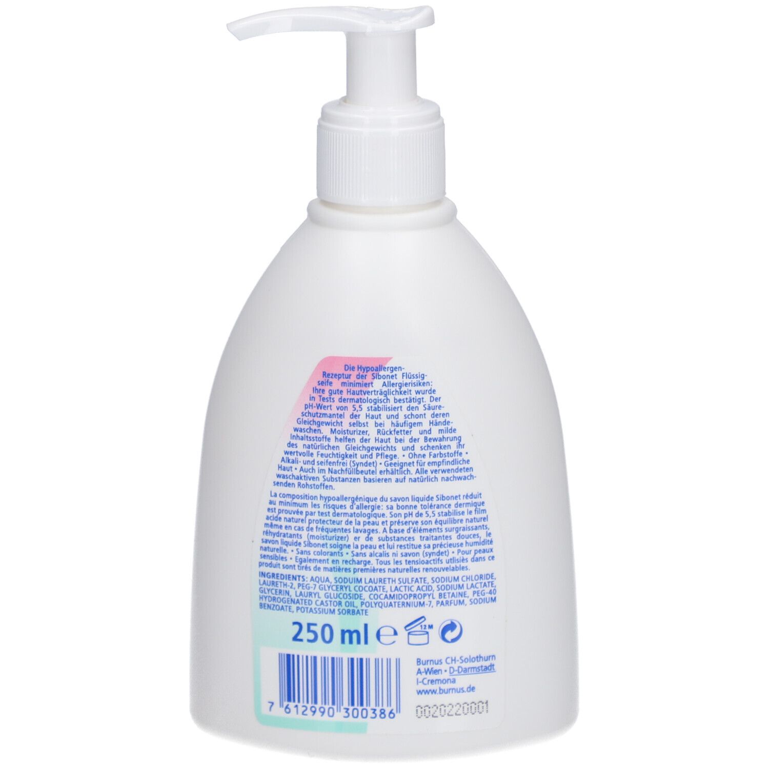 Achterkant van de witte fles met tekst. Onderaan: 250 ml. Barcode en andere informatie.