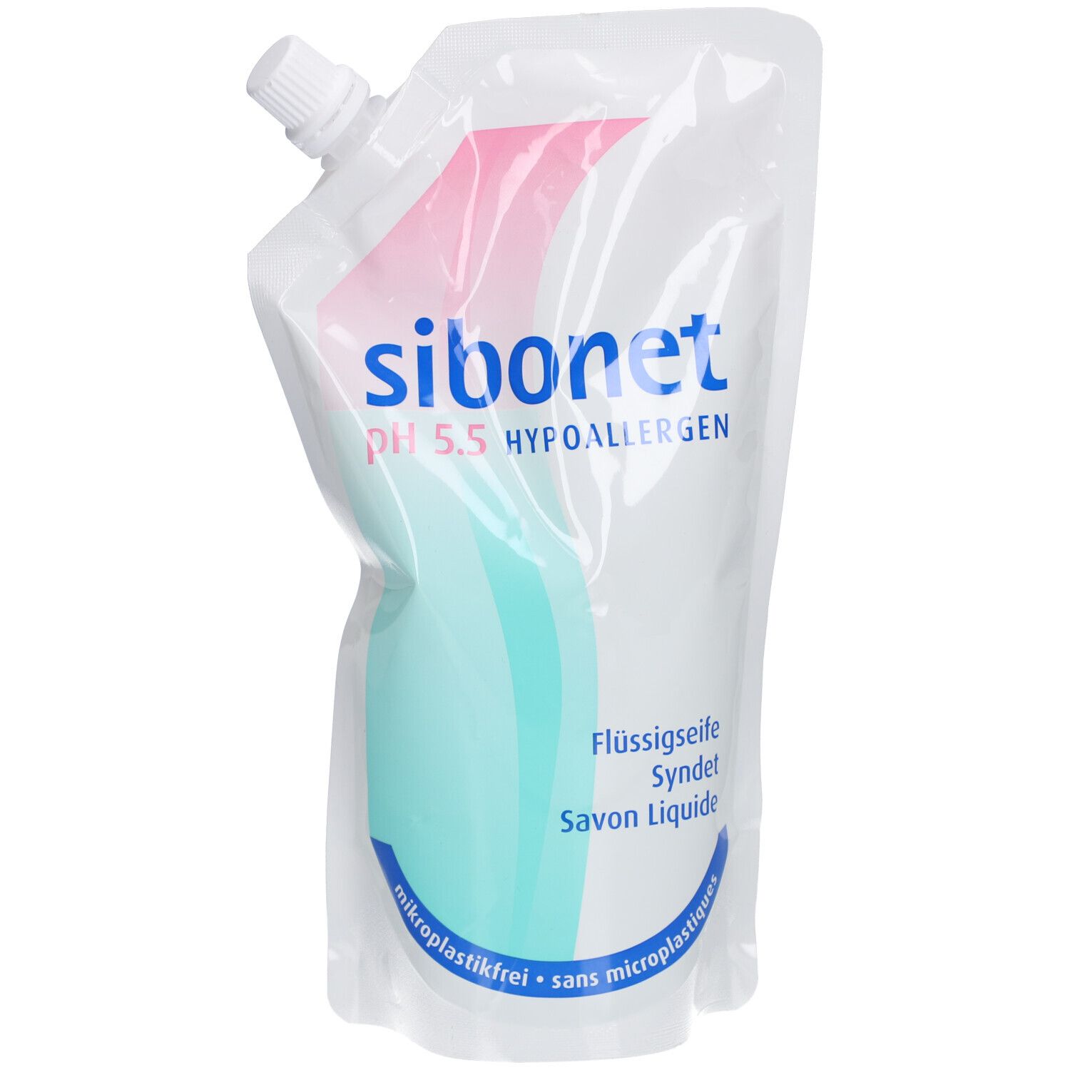 Zachte, transparante verpakking met Sibonet-logo en tekst. Vloeibare zeep, pH 5,5, hypoallergeen. Roze en turquoise accenten.