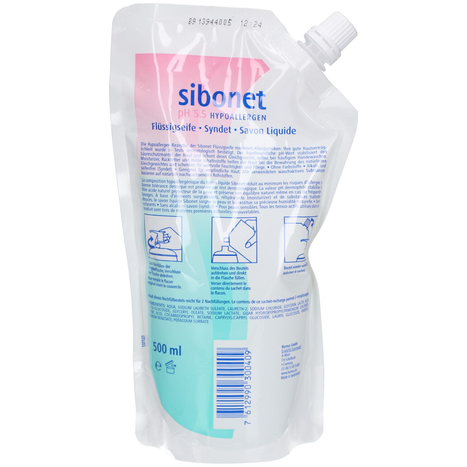 Achterkant van de verpakking met tekst en illustraties. Sibonet-logo, vloeibare zeep, pH 5,5, hypoallergeen. Barcode en volume-aanduiding.