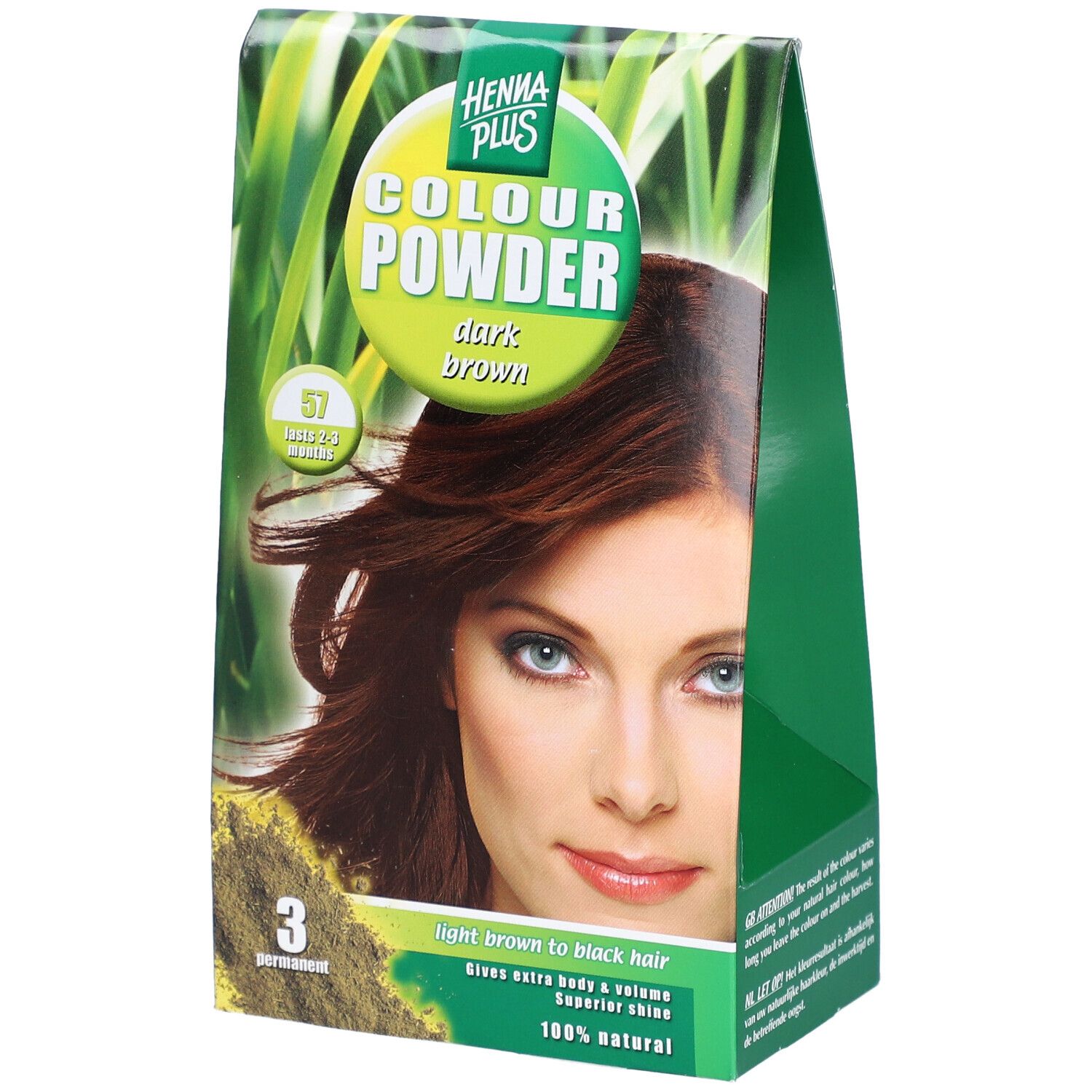 Verpakking HENNA PLUS Colour Powder 57 braun. Vrouw met bruin haar. Groen-witte verpakking met productinformatie.
