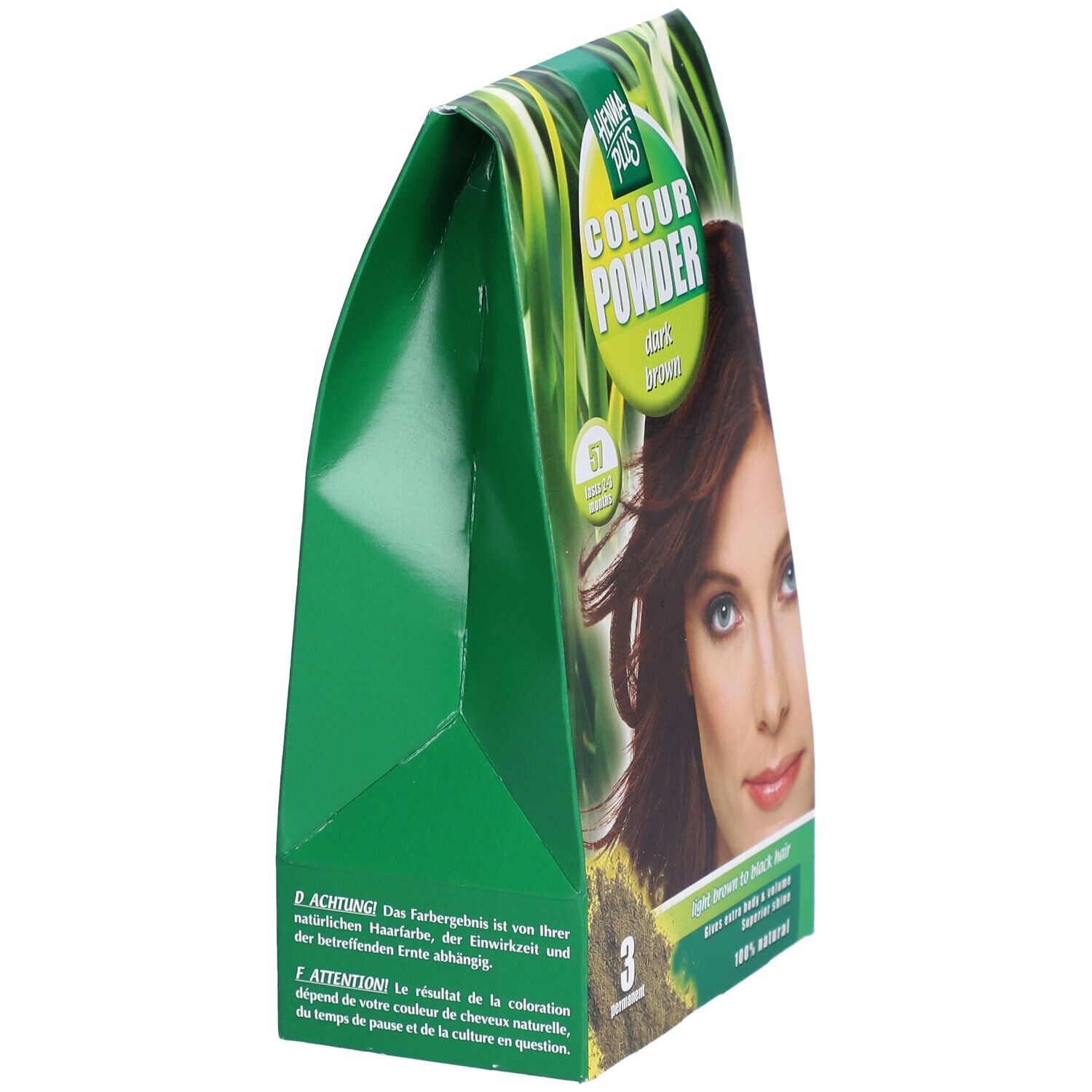 Zijaanzicht van de verpakking HENNA PLUS Colour Powder 57 braun. Groen. Tekst: Colour Powder, dark brown, 57.