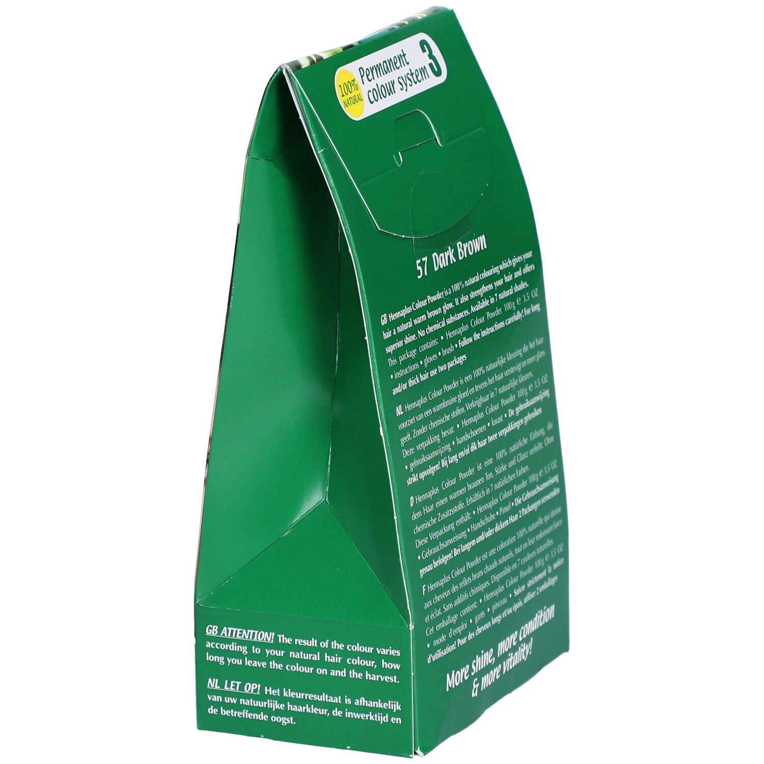 Zijaanzicht van de verpakking HENNA PLUS Colour Powder 57 braun. Meertalige tekst. Groen. 100% natuurlijk.