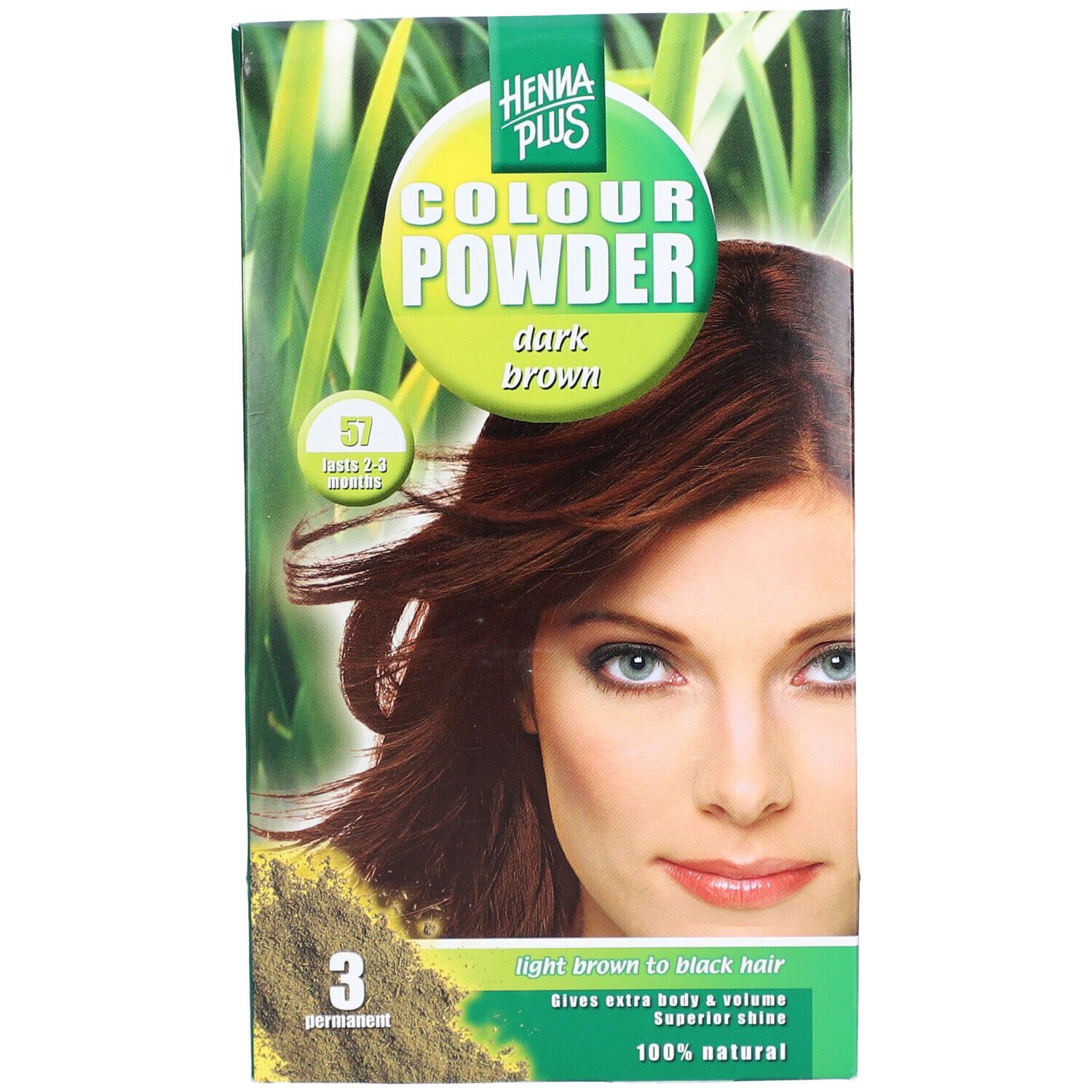 Verpakking HENNA PLUS Colour Powder 57 braun. Vrouw met bruin haar. Groen-witte verpakking met productinformatie.