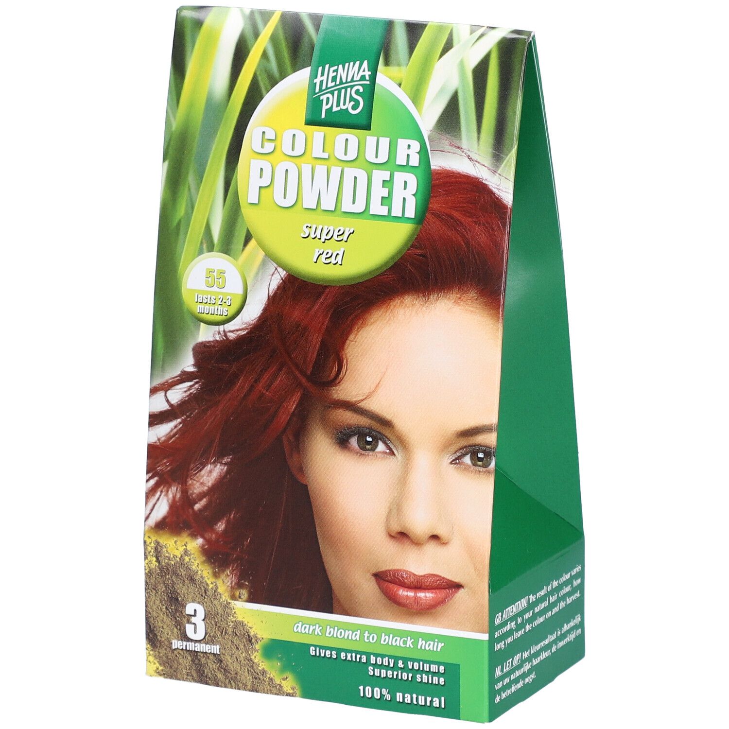 Groene verpakking met HENNA PLUS Colour Powder, Super Red. Afbeelding van een vrouw met rood haar. 55 Super Red, 3 permanent.