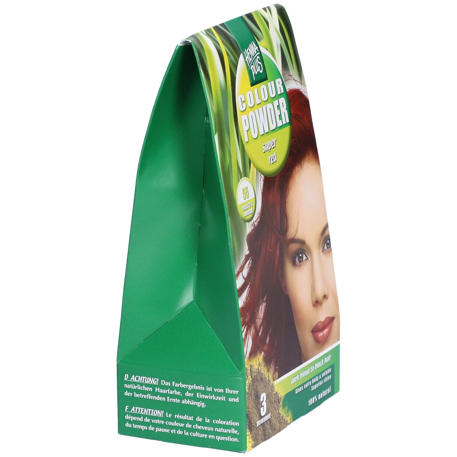 Groene, driehoekige verpakking van HENNA PLUS Colour Powder. Opdruk met vrouw en rood haar. Tekst: Super Red, 3 permanent.