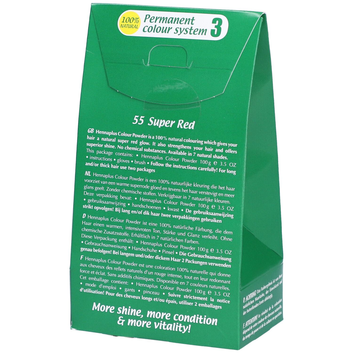 Achterkant van de groene verpakking van HENNA PLUS Colour Powder. Tekst: 55 Super Red, beschrijving, ingrediënten, gebruiksaanwijzing.