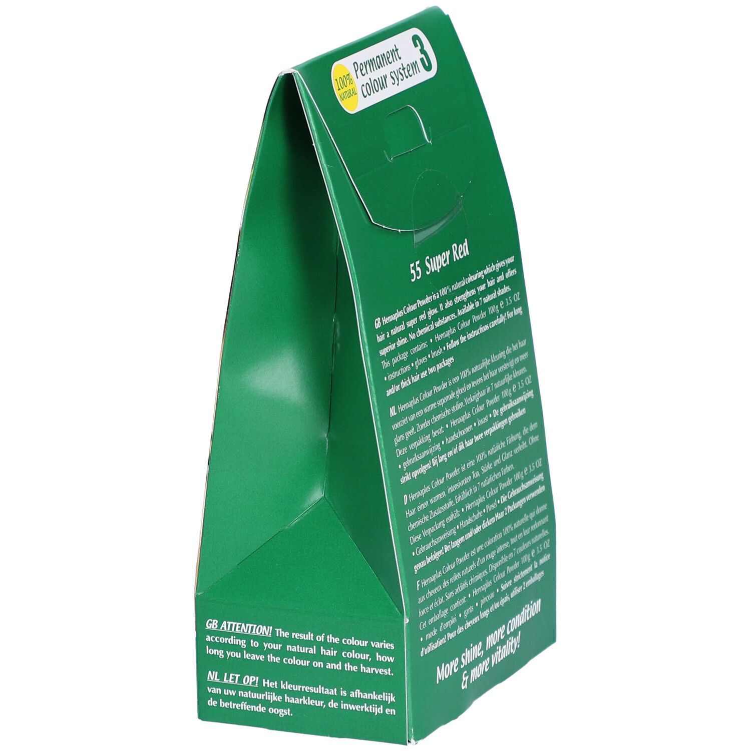 Zijaanzicht van de groene verpakking van HENNA PLUS Colour Powder. Tekst: 55 Super Red, beschrijving, gebruiksaanwijzing.