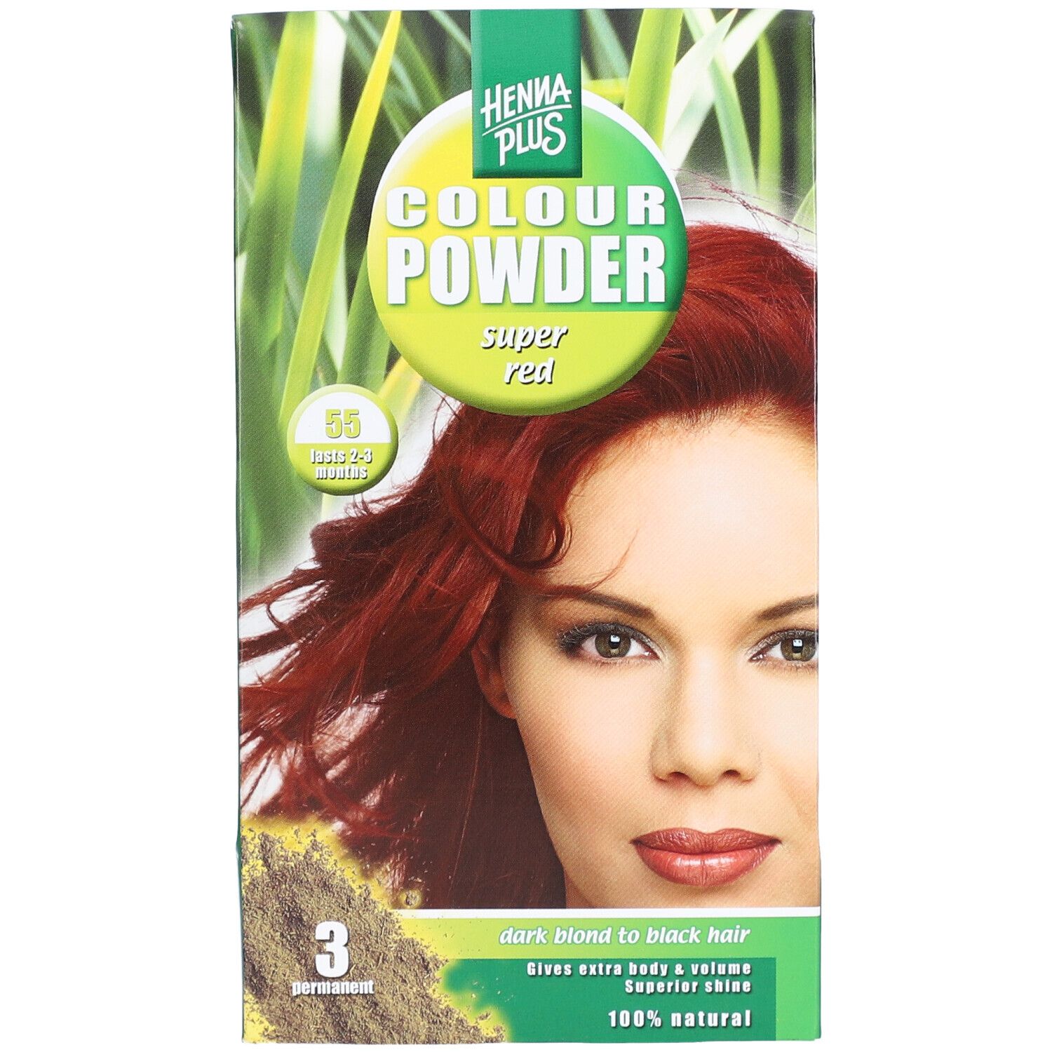 Groene verpakking met HENNA PLUS Colour Powder, Super Red. Afbeelding van een vrouw met rood haar. 55 Super Red, 3 permanent.