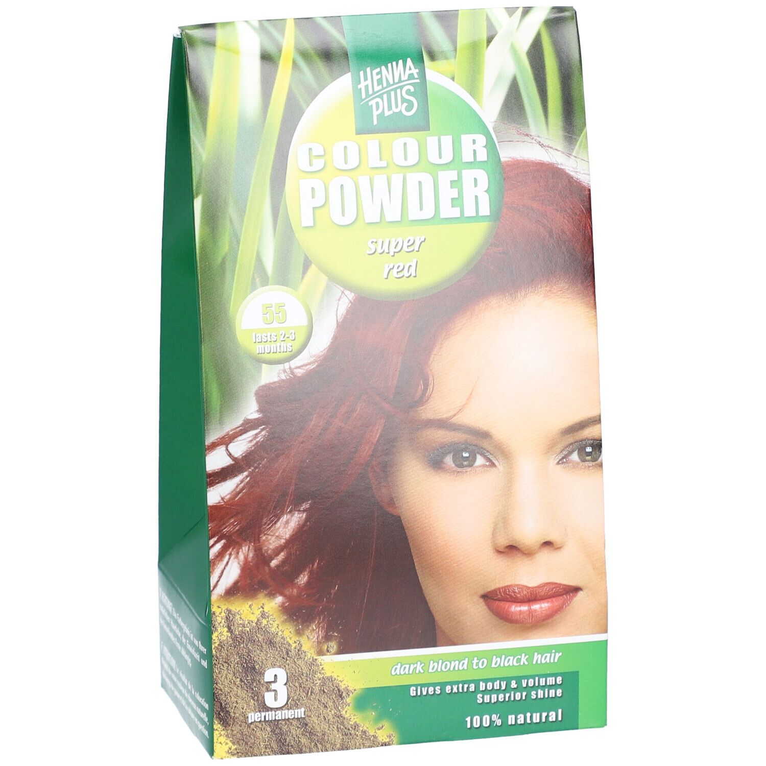 Groene verpakking met HENNA PLUS Colour Powder, Super Red. Afbeelding van een vrouw met rood haar. 55 Super Red, 3 permanent.
