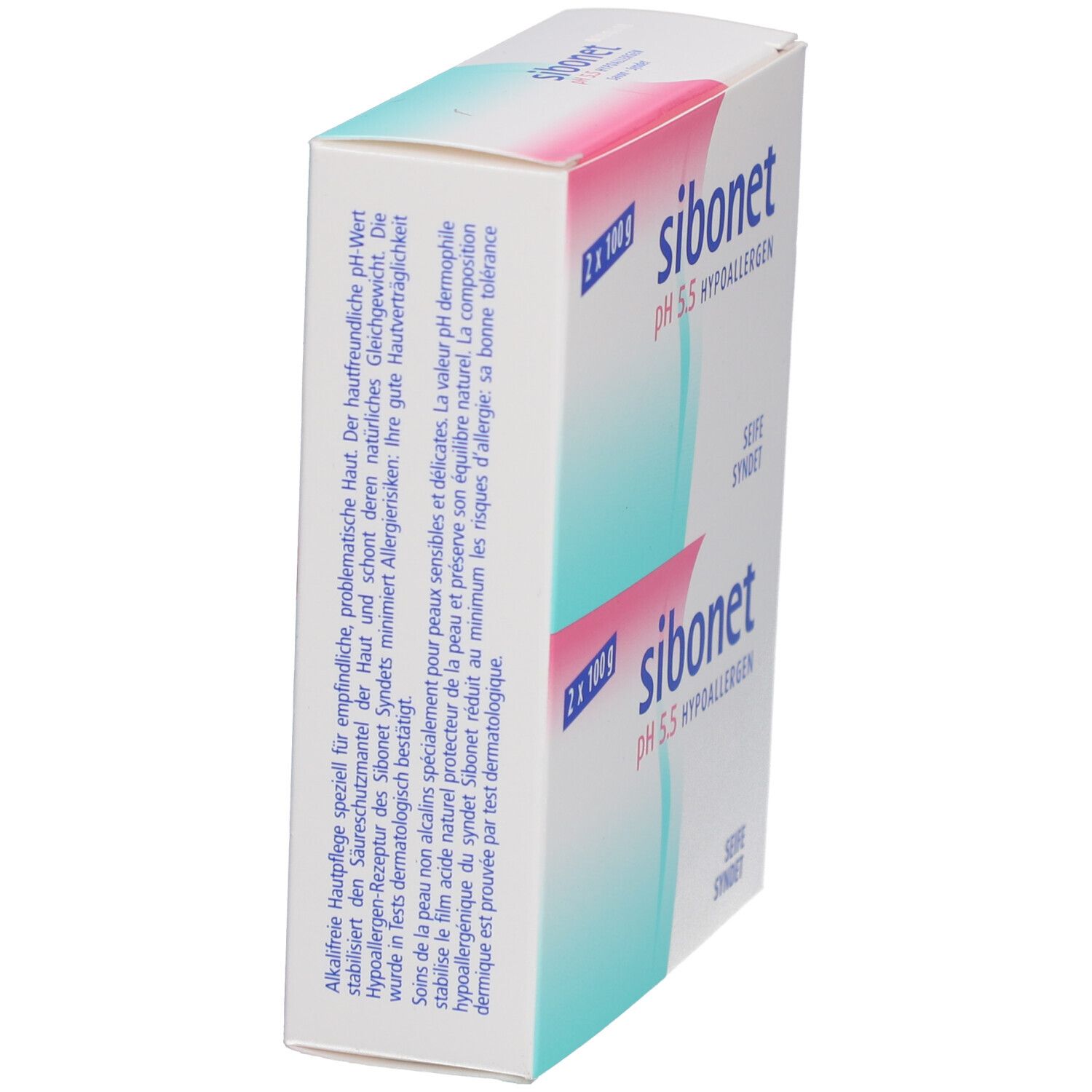 Schuine witte verpakking met productnaam en details. Tekst in het Duits en Frans.