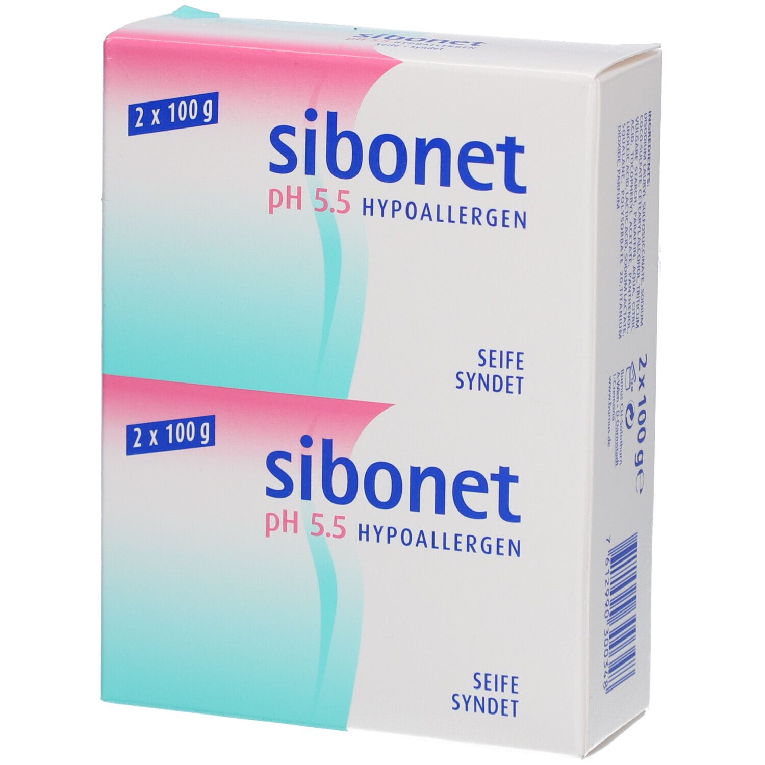 Witte verpakking met productnaam en details. Twee zeepjes, 2 x 100 g. pH 5,5 hypoallergeen.