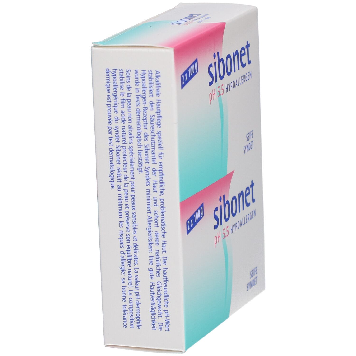 Schuine witte verpakking met productnaam en details. Tekst in het Duits en Frans.