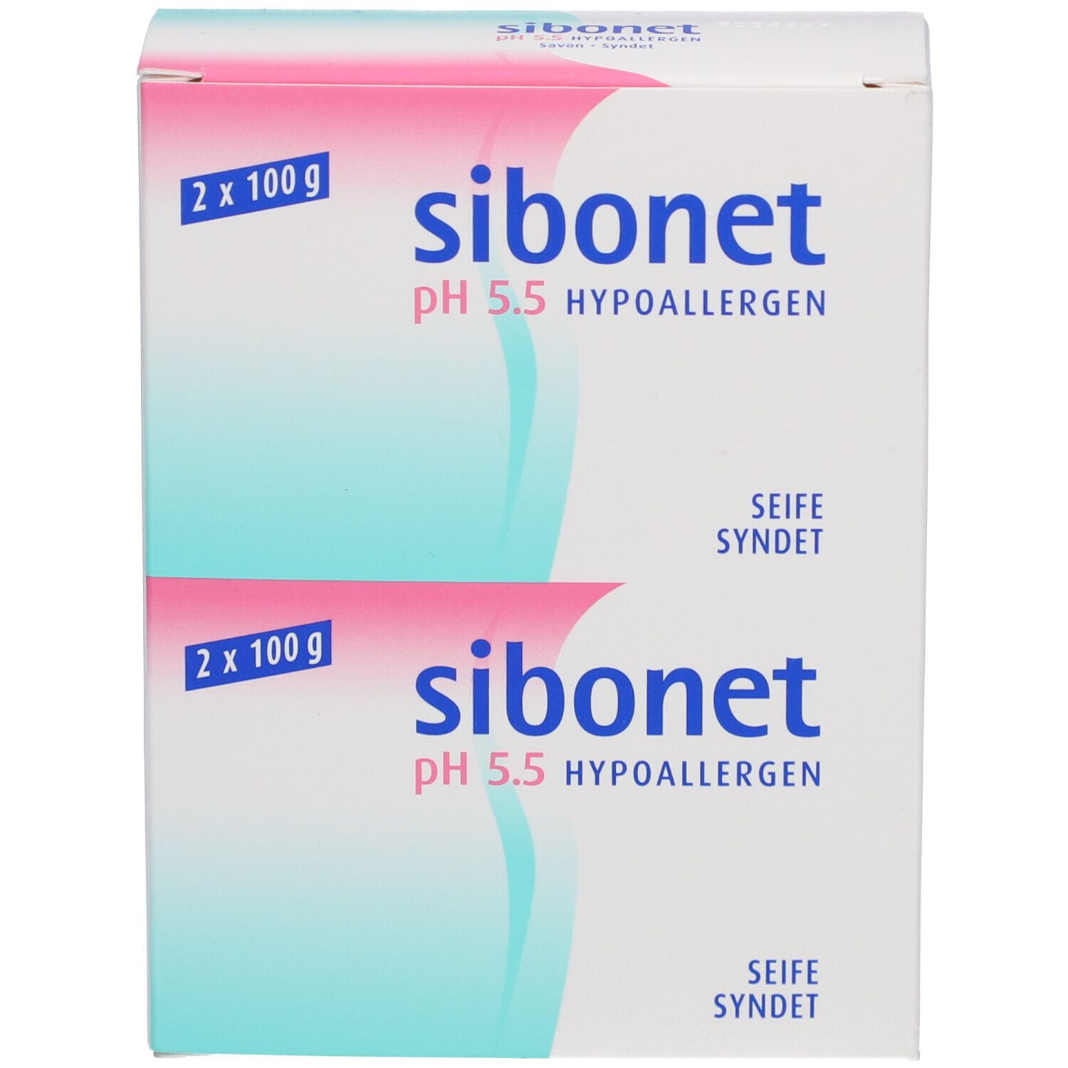 Witte verpakking met productnaam en details. Twee zeepjes, 2 x 100 g. pH 5,5 hypoallergeen.