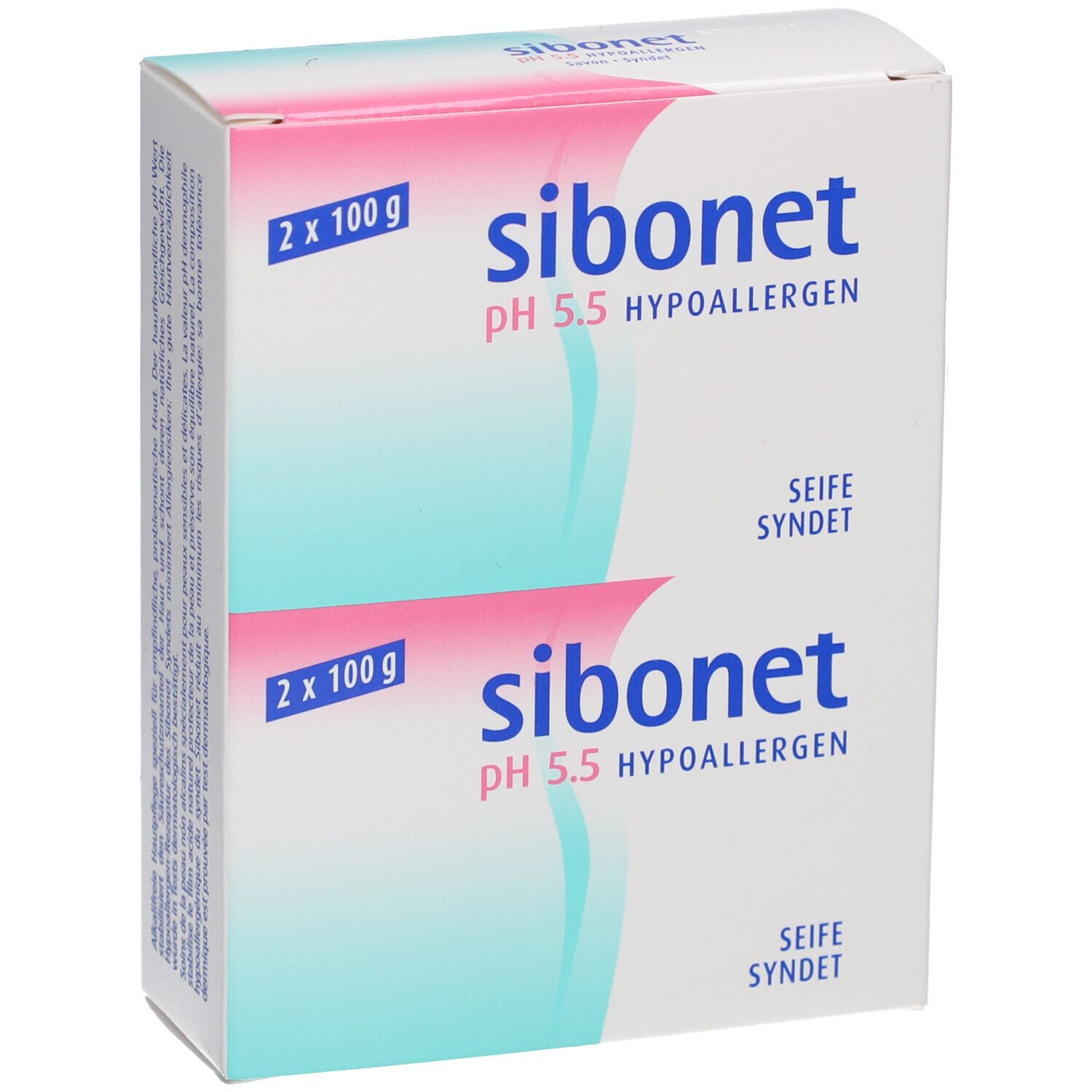 Witte verpakking met productnaam en details. Twee zeepjes, 2 x 100 g. pH 5,5 hypoallergeen.