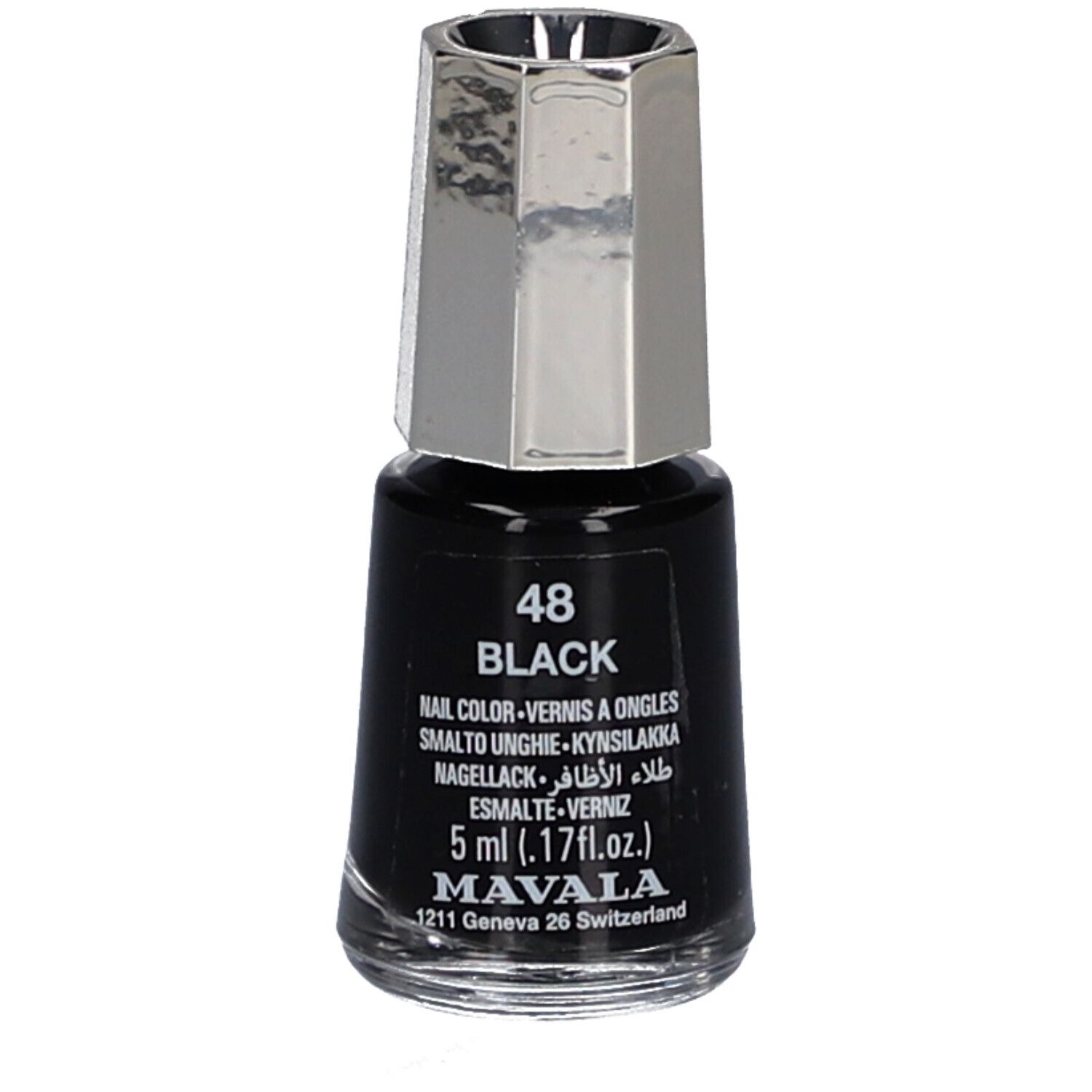 Flacon de vernis à ongles noir avec bouchon argenté. Inscription : 48 BLACK, vernis à ongles, 5 ml, Mavala.
