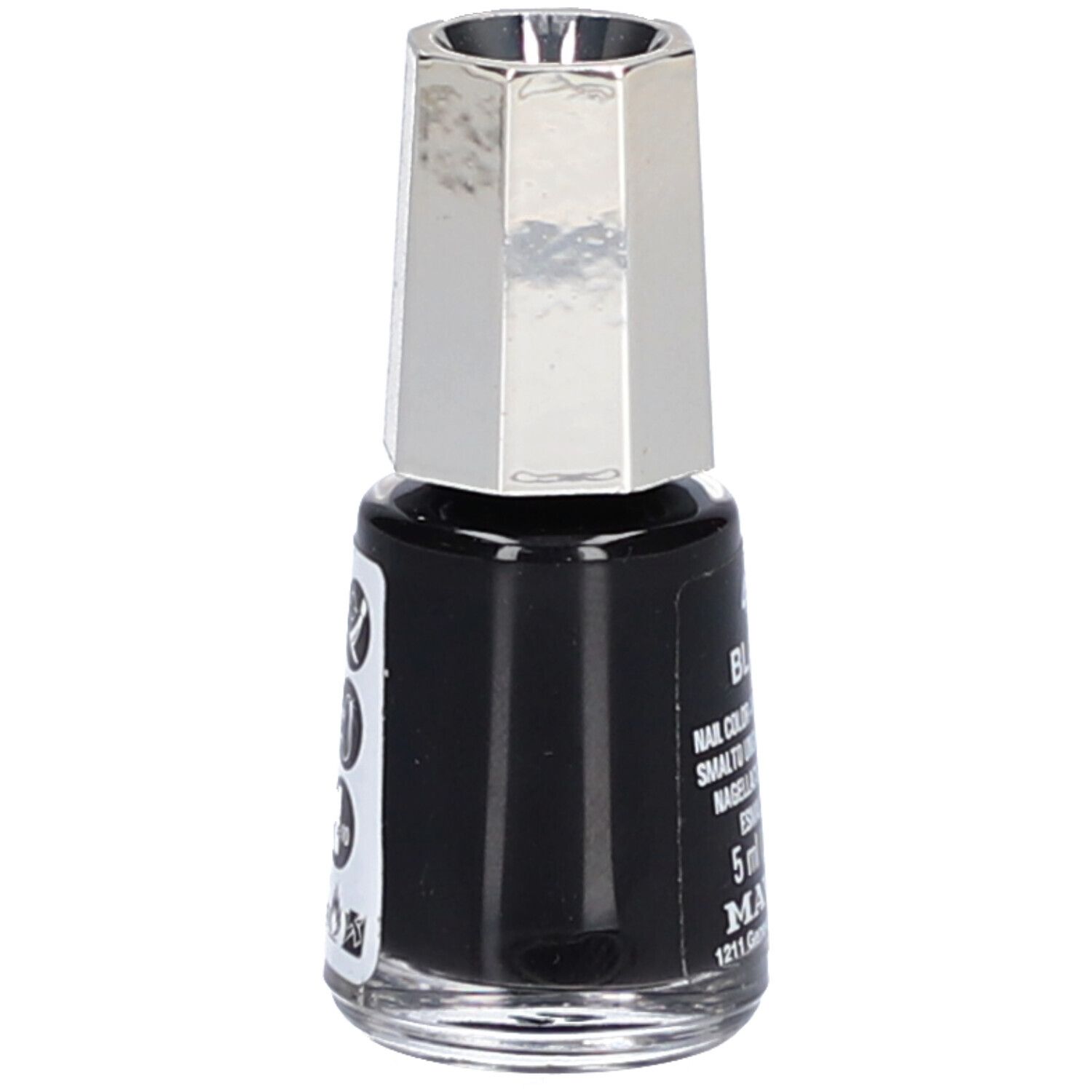 Flacon de vernis à ongles noir avec bouchon argenté. Autocollant avec informations sur le produit.