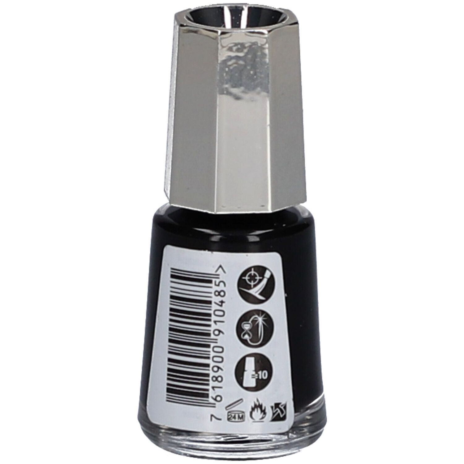 Dos d'un flacon de vernis à ongles noir avec bouchon argenté. Autocollant avec symboles et code-barres.