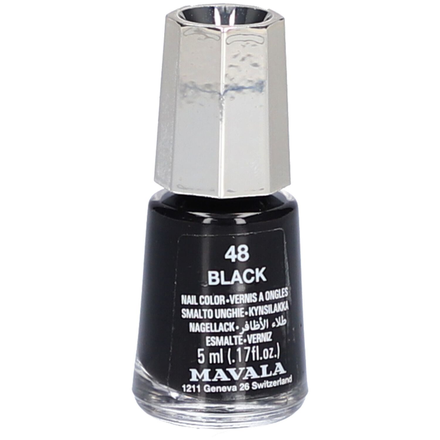Flacon de vernis à ongles noir avec bouchon argenté. Inscription : 48 BLACK, vernis à ongles, 5 ml, Mavala.