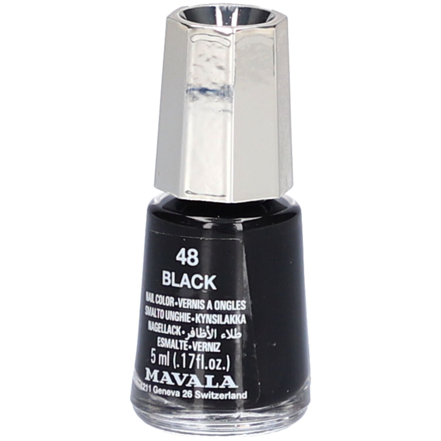 Flacon de vernis à ongles noir avec bouchon argenté. Inscription : 48 BLACK, vernis à ongles, 5 ml, Mavala.