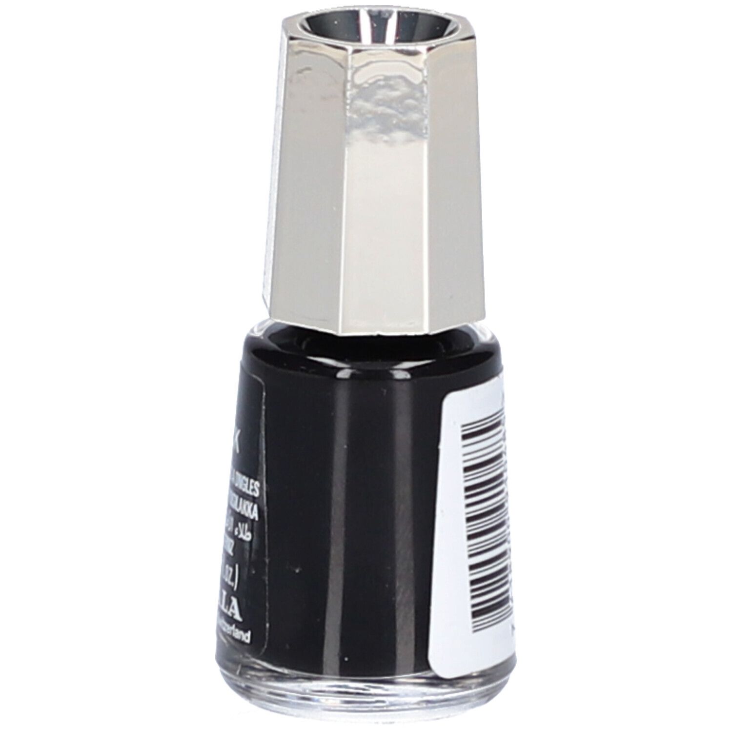 Flacon de vernis à ongles noir avec bouchon argenté. Autocollant avec informations sur le produit.