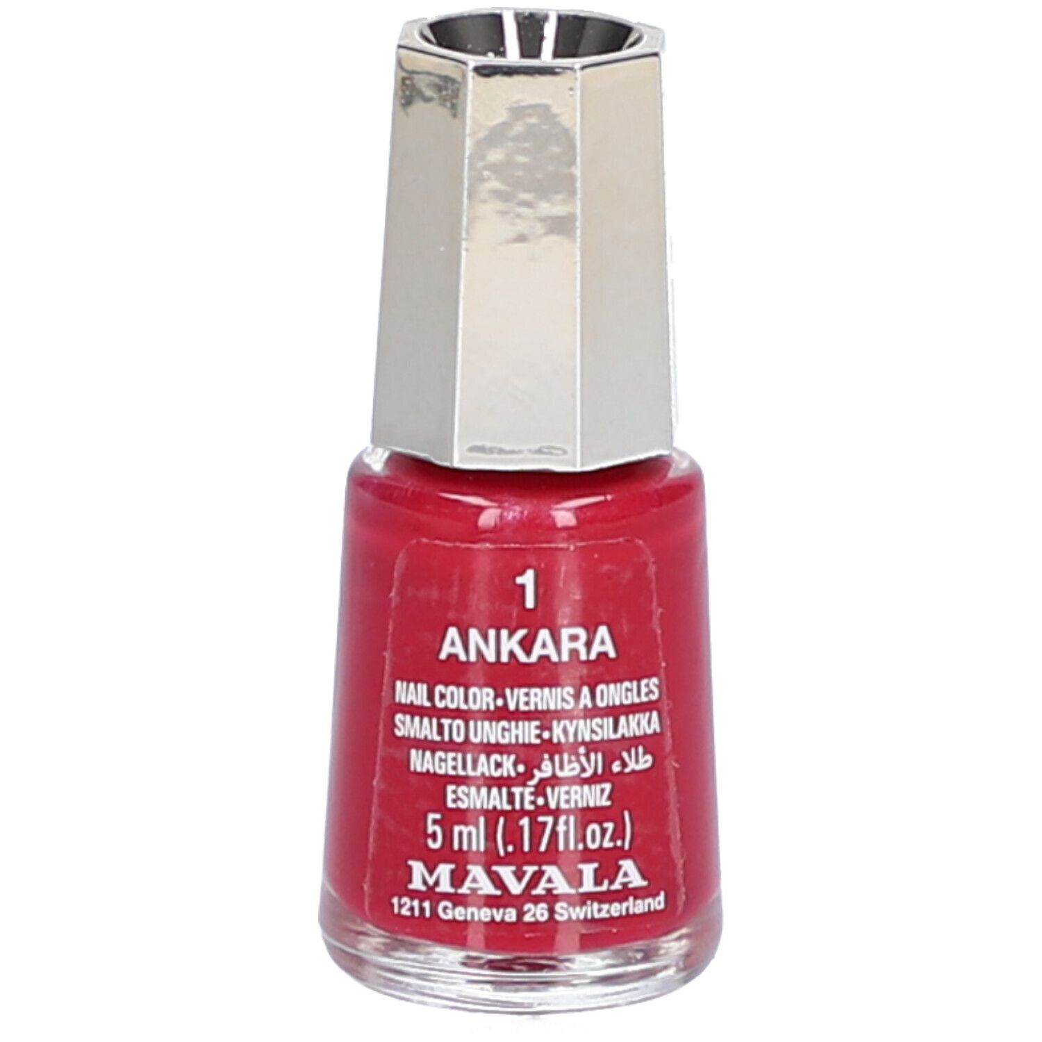 Flacon de vernis à ongles rouge. Nom: Ankara, Nail Color, 5 ml. Marque: Mavala. Bouchon argenté. Inscription: 1.