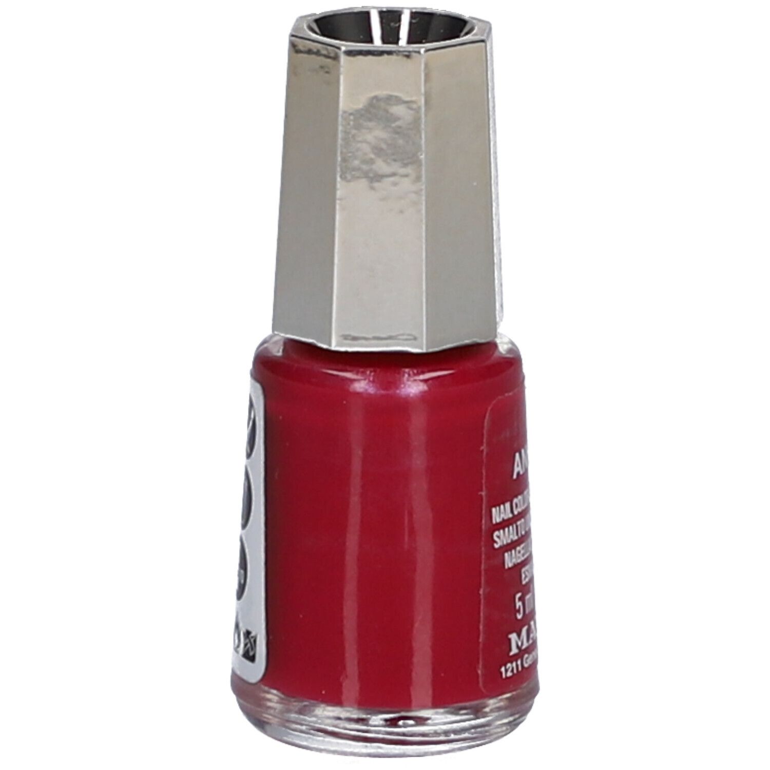 Flacon de vernis à ongles rouge. Nom: Ankara, Nail Color, 5 ml. Marque: Mavala. Bouchon argenté. Étiquette avec texte.