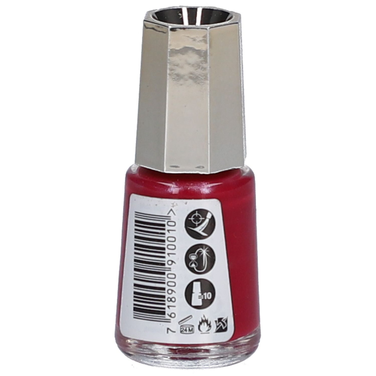 Flacon de vernis à ongles rouge. Dos avec code-barres et symboles. Marque: Mavala. Bouchon argenté.