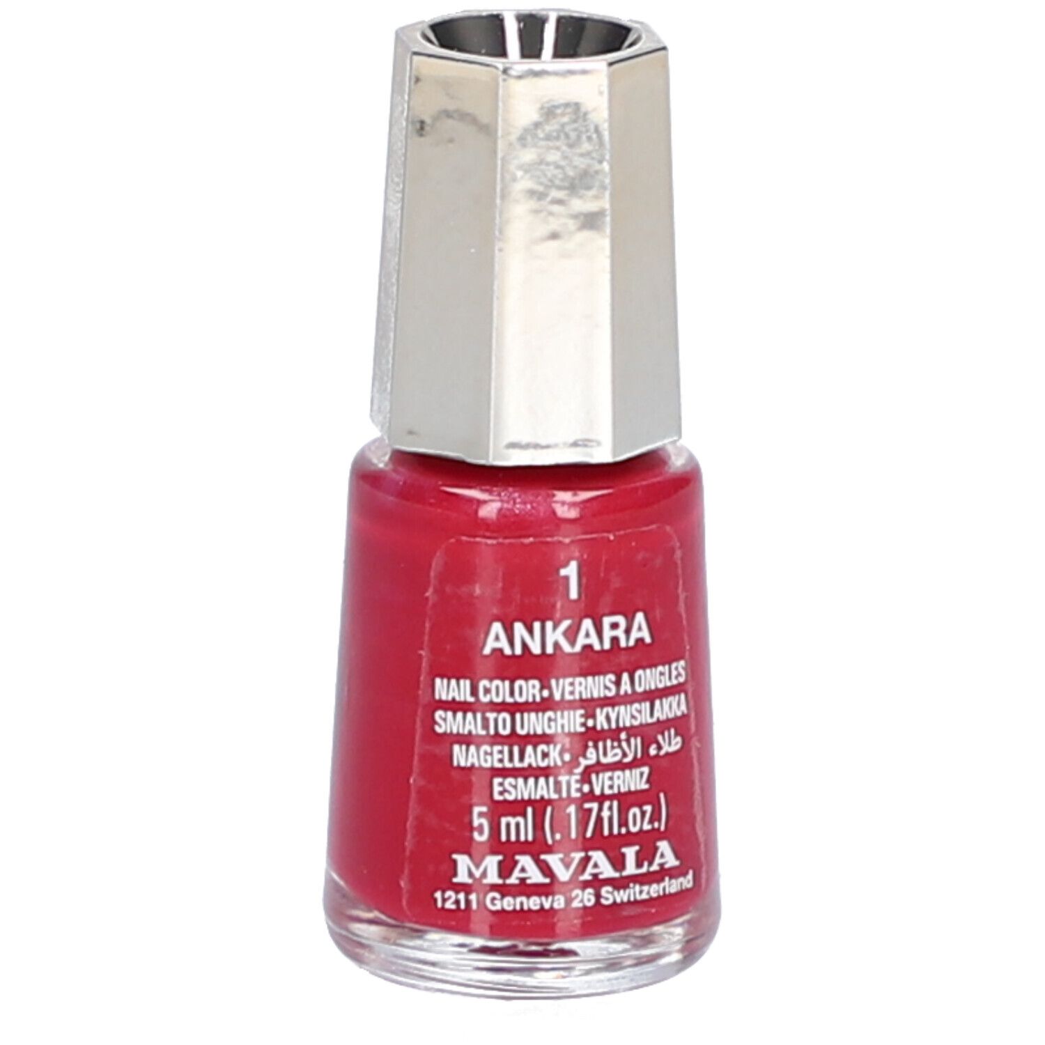 Flacon de vernis à ongles rouge. Nom: Ankara, Nail Color, 5 ml. Marque: Mavala. Bouchon argenté. Inscription: 1.