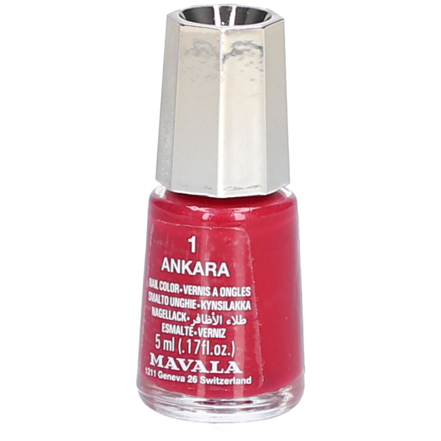 Flacon de vernis à ongles rouge. Nom: Ankara, Nail Color, 5 ml. Marque: Mavala. Bouchon argenté. Inscription: 1.