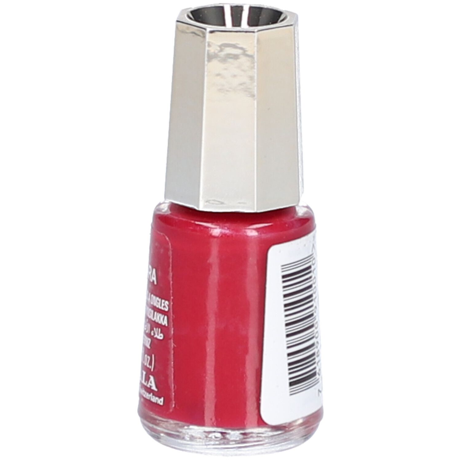 Flacon de vernis à ongles rouge. Nom: Ankara, Nail Color, 5 ml. Marque: Mavala. Bouchon argenté. Étiquette avec texte.