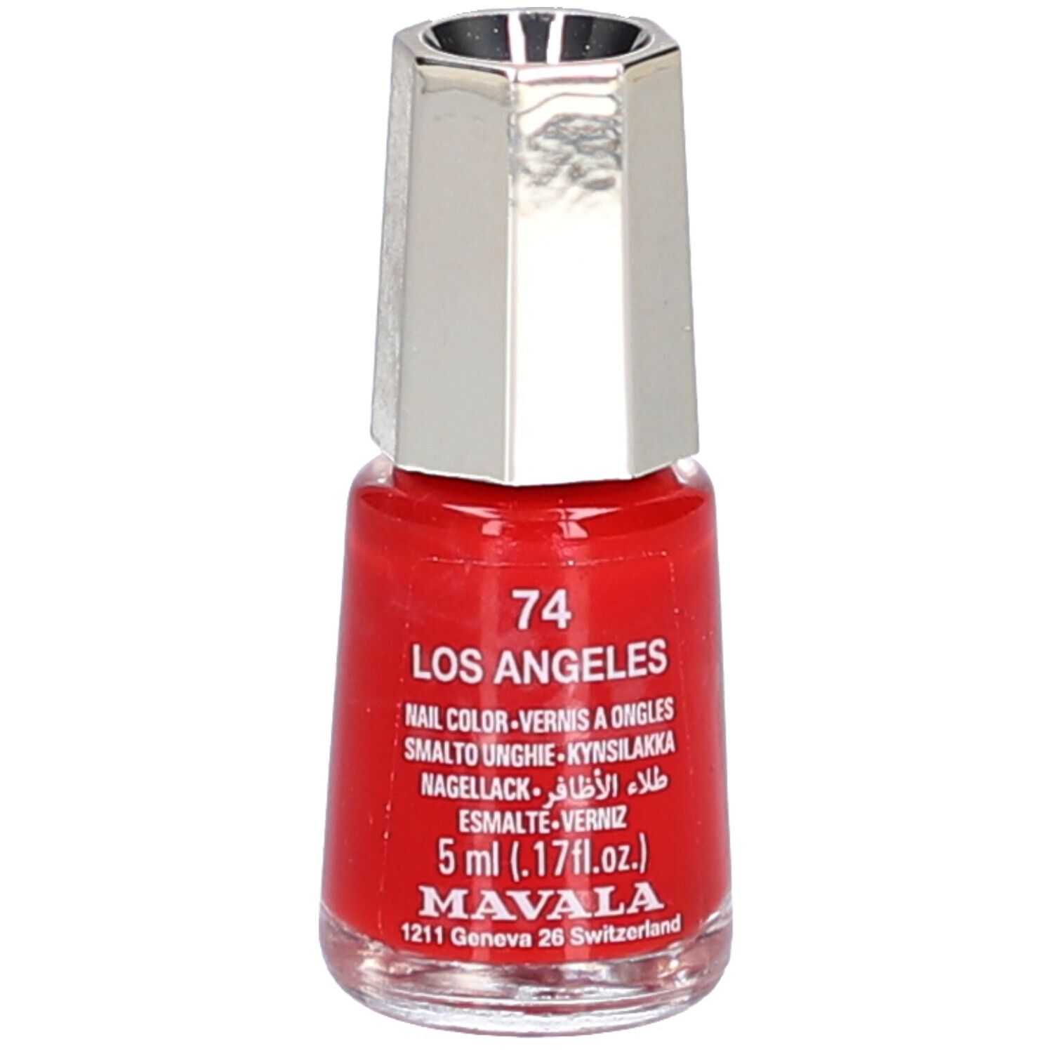 Flacon de vernis à ongles rouge avec bouchon argenté. Inscription : Los Angeles, 5 ml, Mavala.