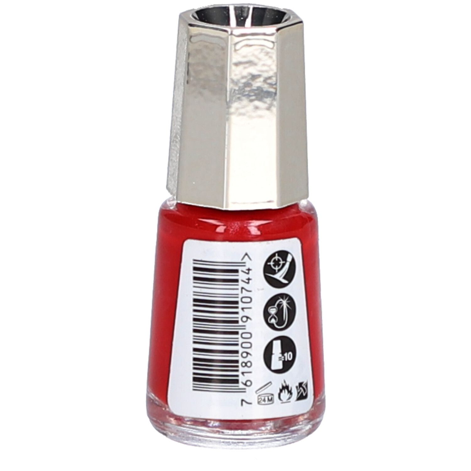 Flacon de vernis à ongles rouge avec bouchon argenté. Code-barres et symboles sur l'étiquette.