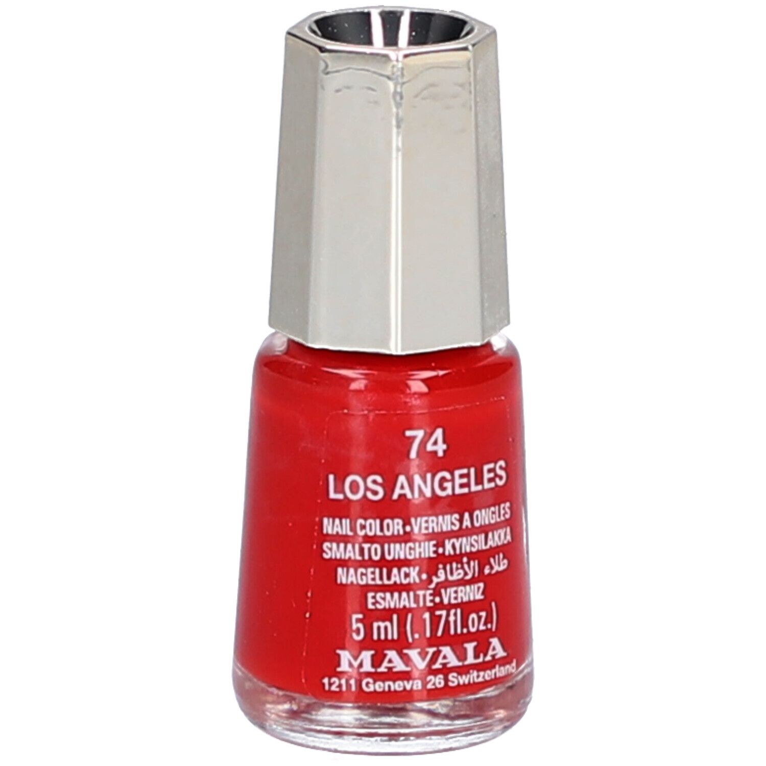 Flacon de vernis à ongles rouge avec bouchon argenté. Inscription : Los Angeles, 5 ml, Mavala.