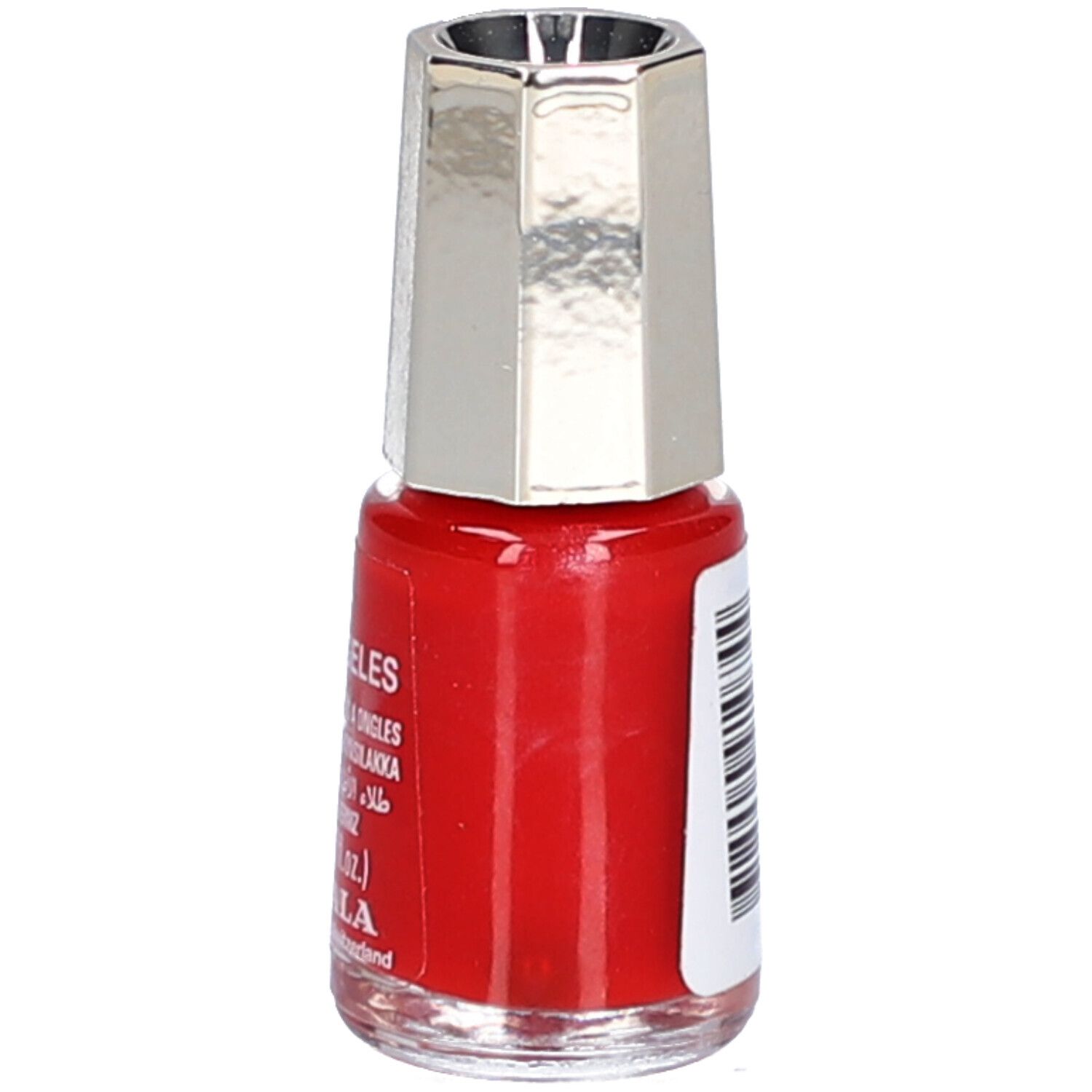Flacon de vernis à ongles rouge avec bouchon argenté. Inscription : Los Angeles, 5 ml, Mavala.