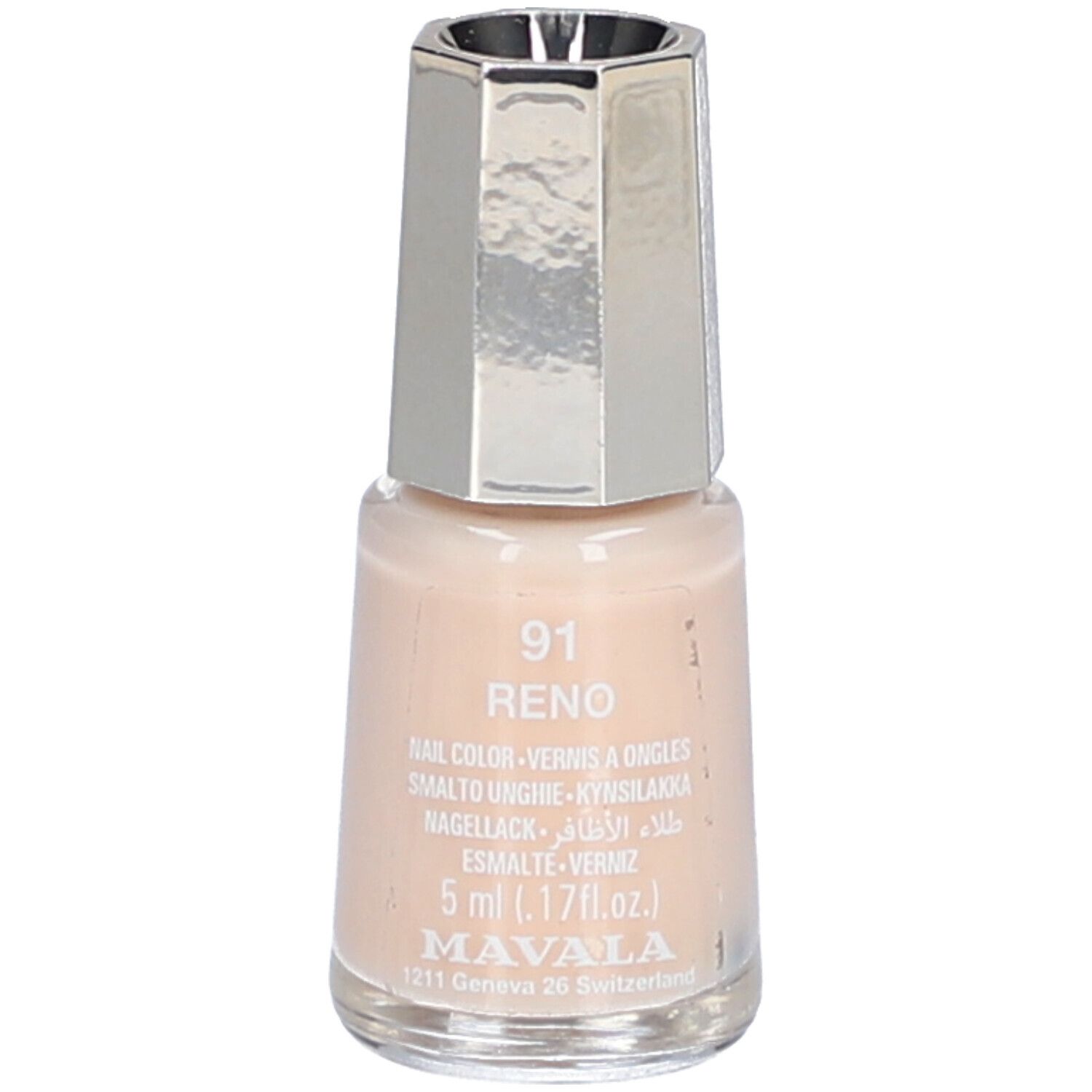 Flacon de vernis à ongles beige clair. Bouchon argenté. Inscription: 91 Reno, 5 ml, Mavala.